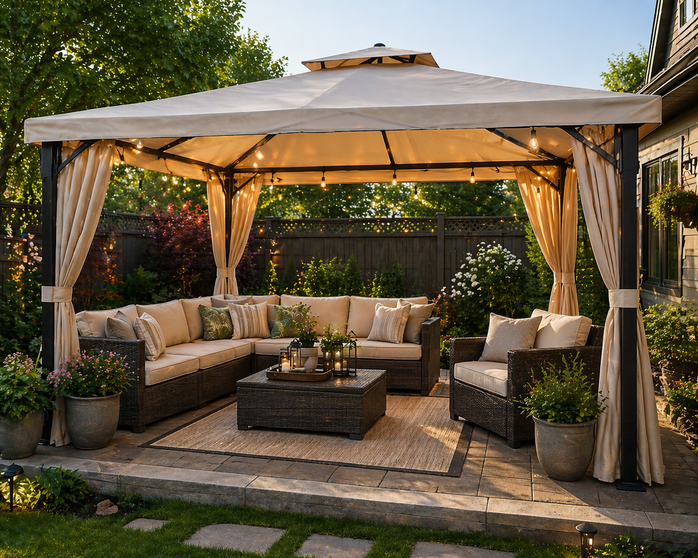 modern gazebo roof design with clean lines and ambient lighting