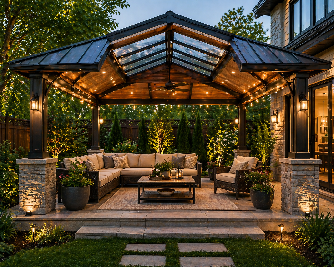 solar gazebo roof structure with integrated panels and lighting