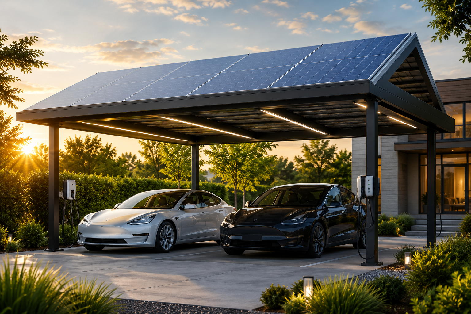 Modern solar carport with EV Charging
