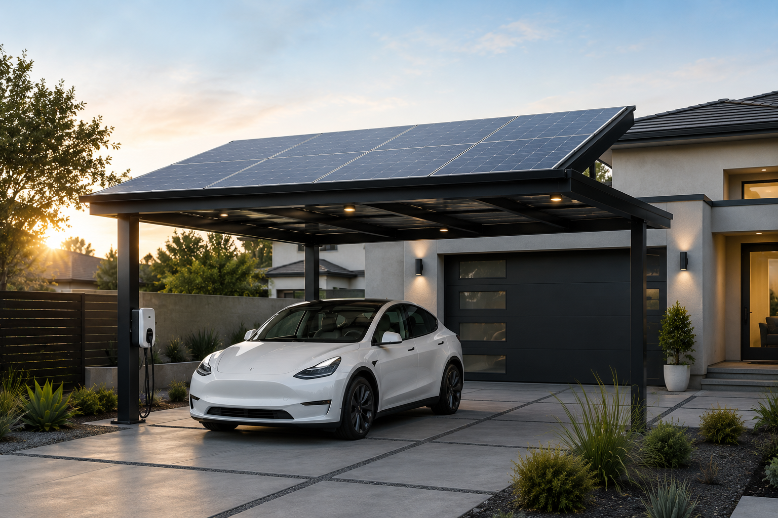 Modern solar carport with EV Charging