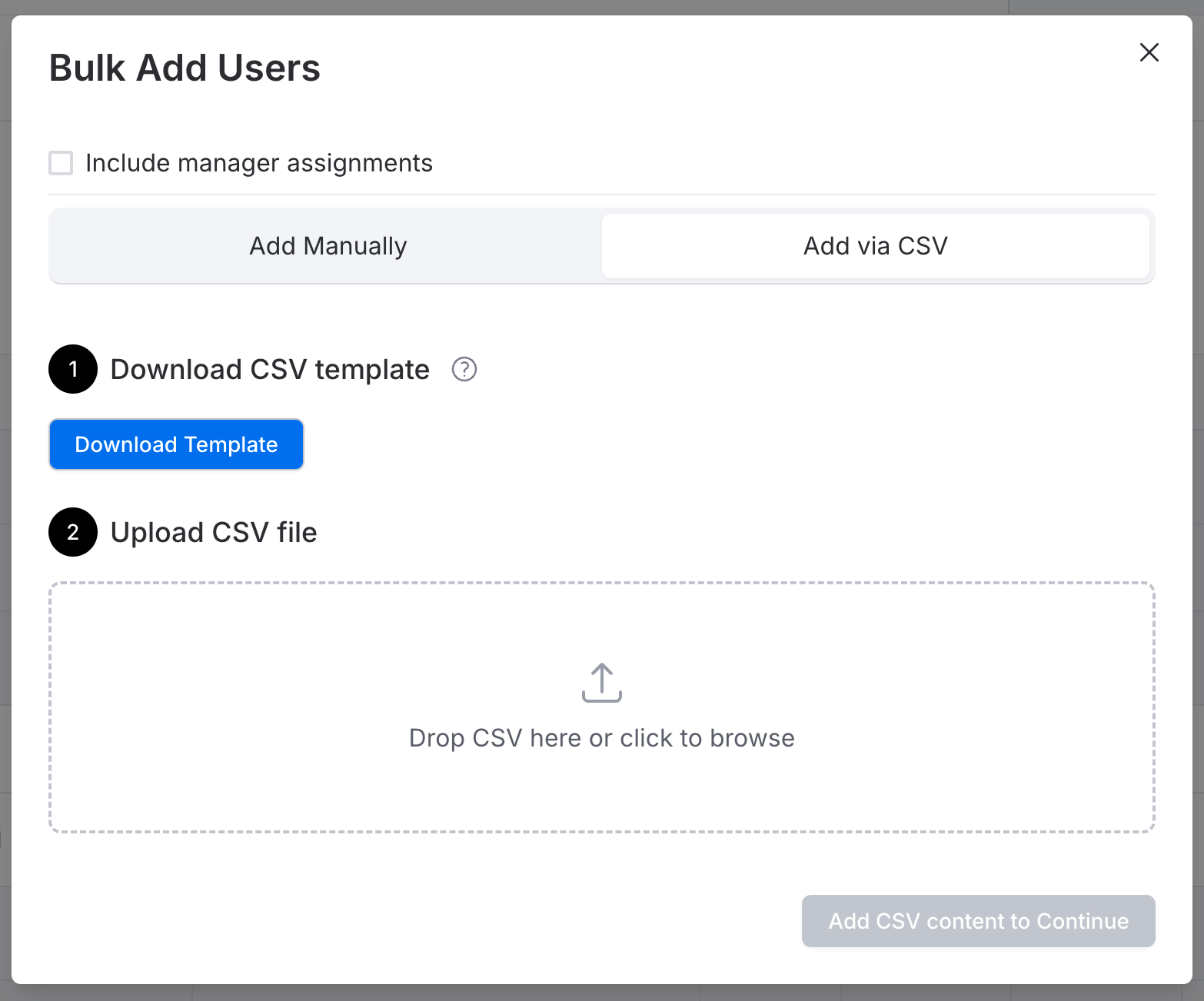 Client admins can add up to 10,000 new users at a time with "Add via CSV"