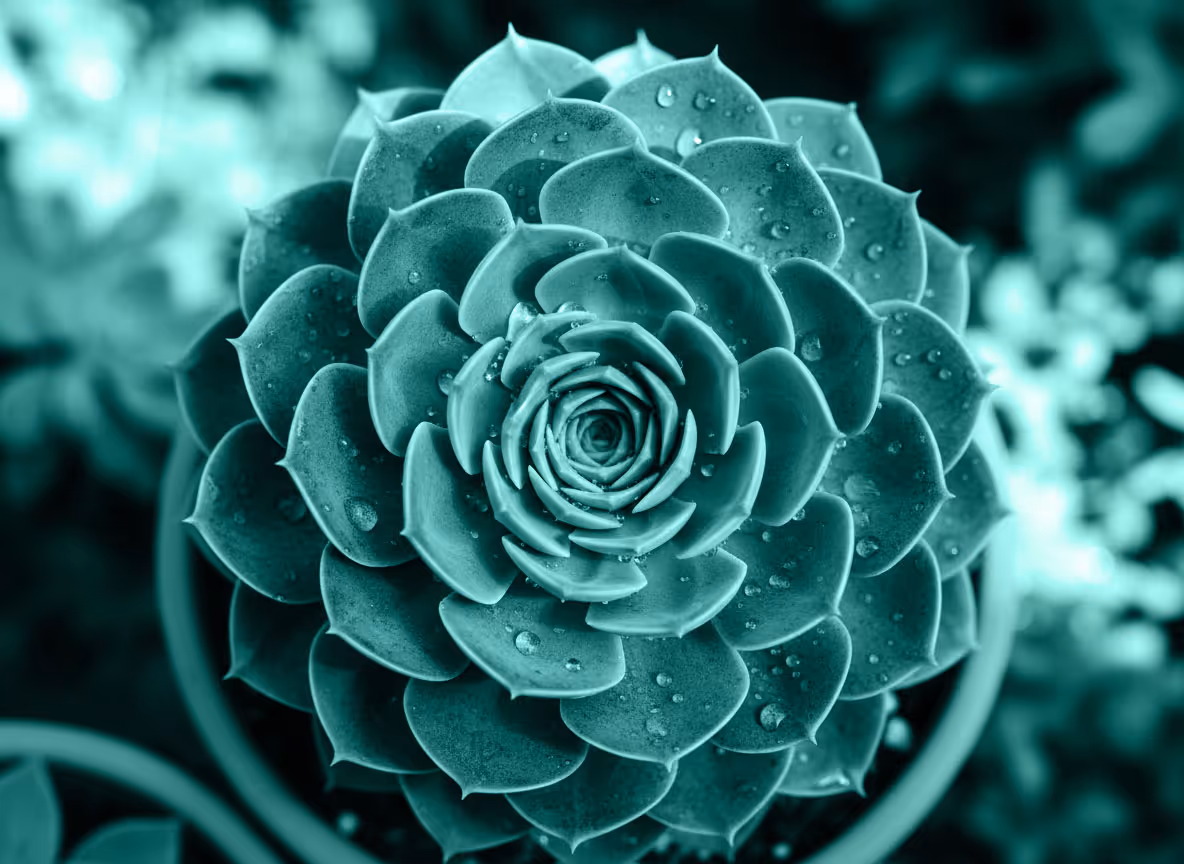 Nahaufnahme einer Sukkulentenpflanze mit Wassertropfen auf den Blättern, angeordnet in einer spiralförmigen Fibonacci-Reihe.