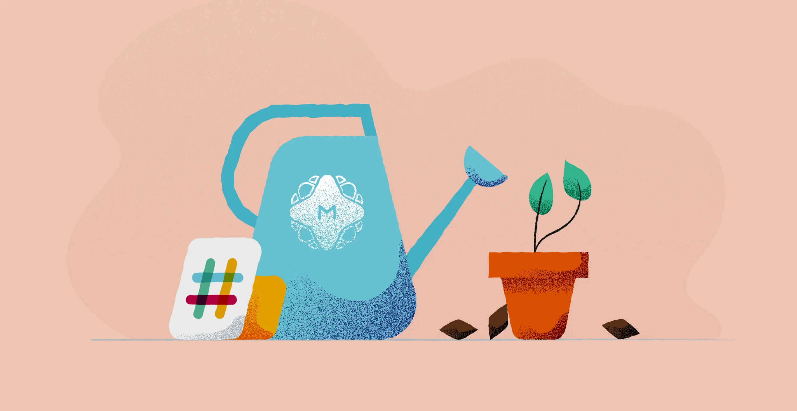 Graphic image of a pink background with the Slack symbol leaning against a watering can with the MetaLab symbol and a vase with a plant.