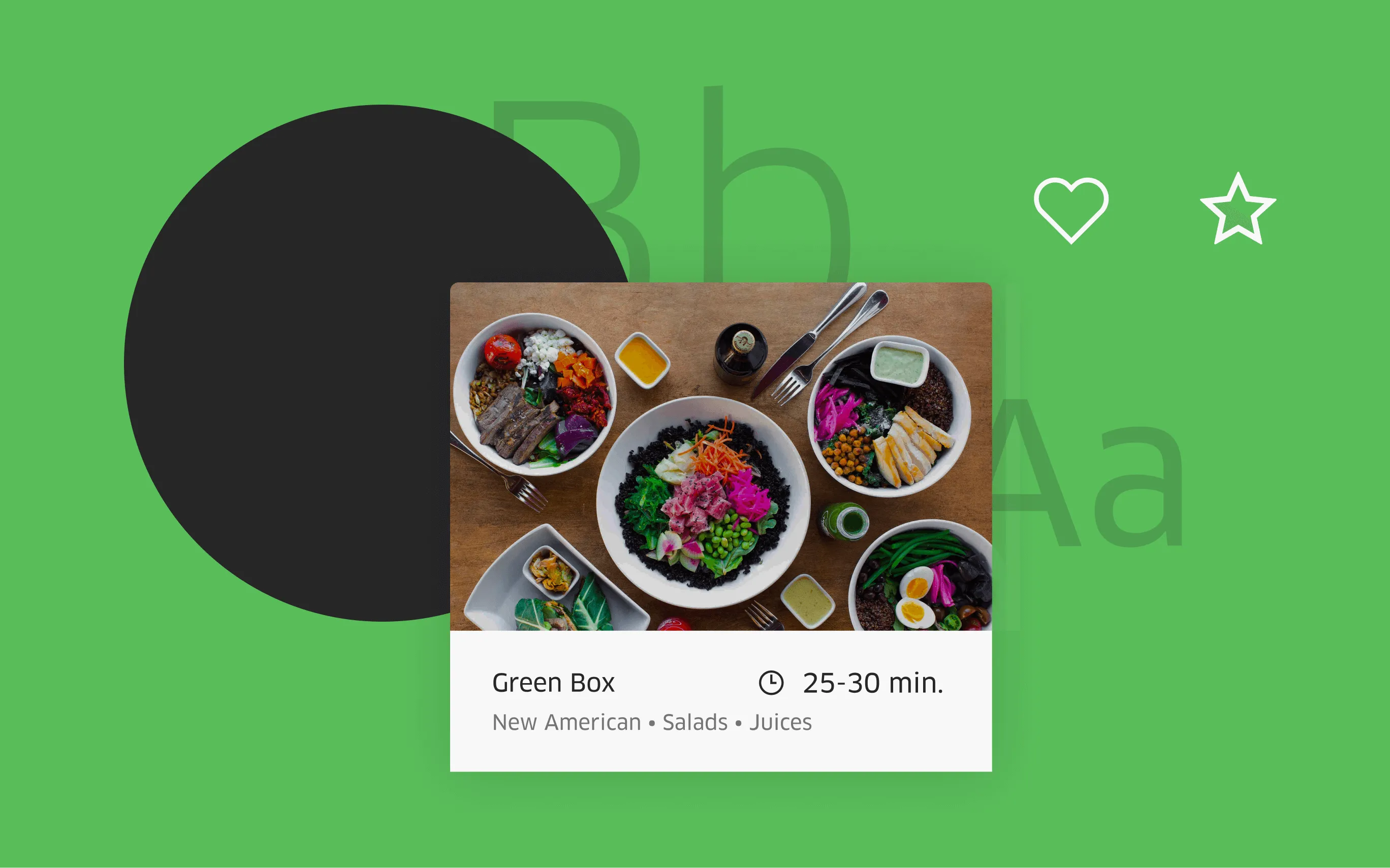 Graphic image with a green background, black circle, white heart and star, and a card with menu option and delivery details.