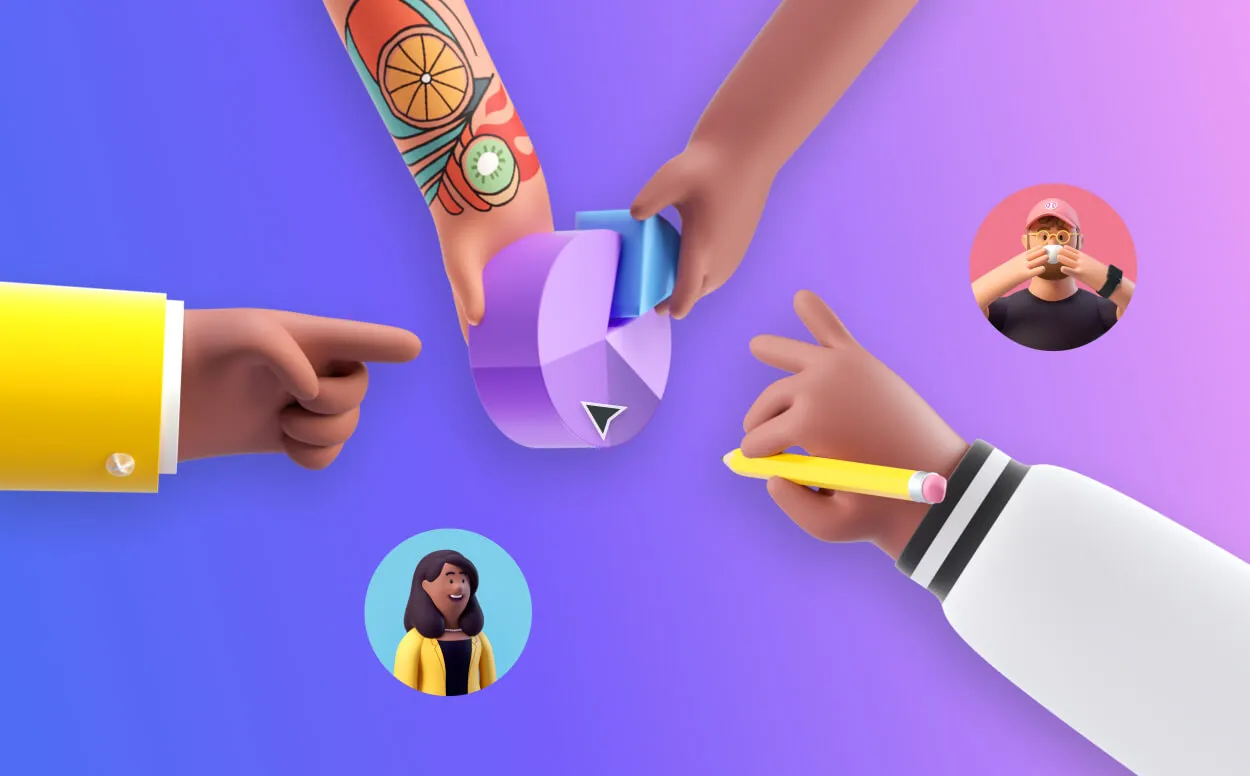 Graphic image with a purple and blue gradient background with two small circular profile images. Four arms appear simulating teamwork.