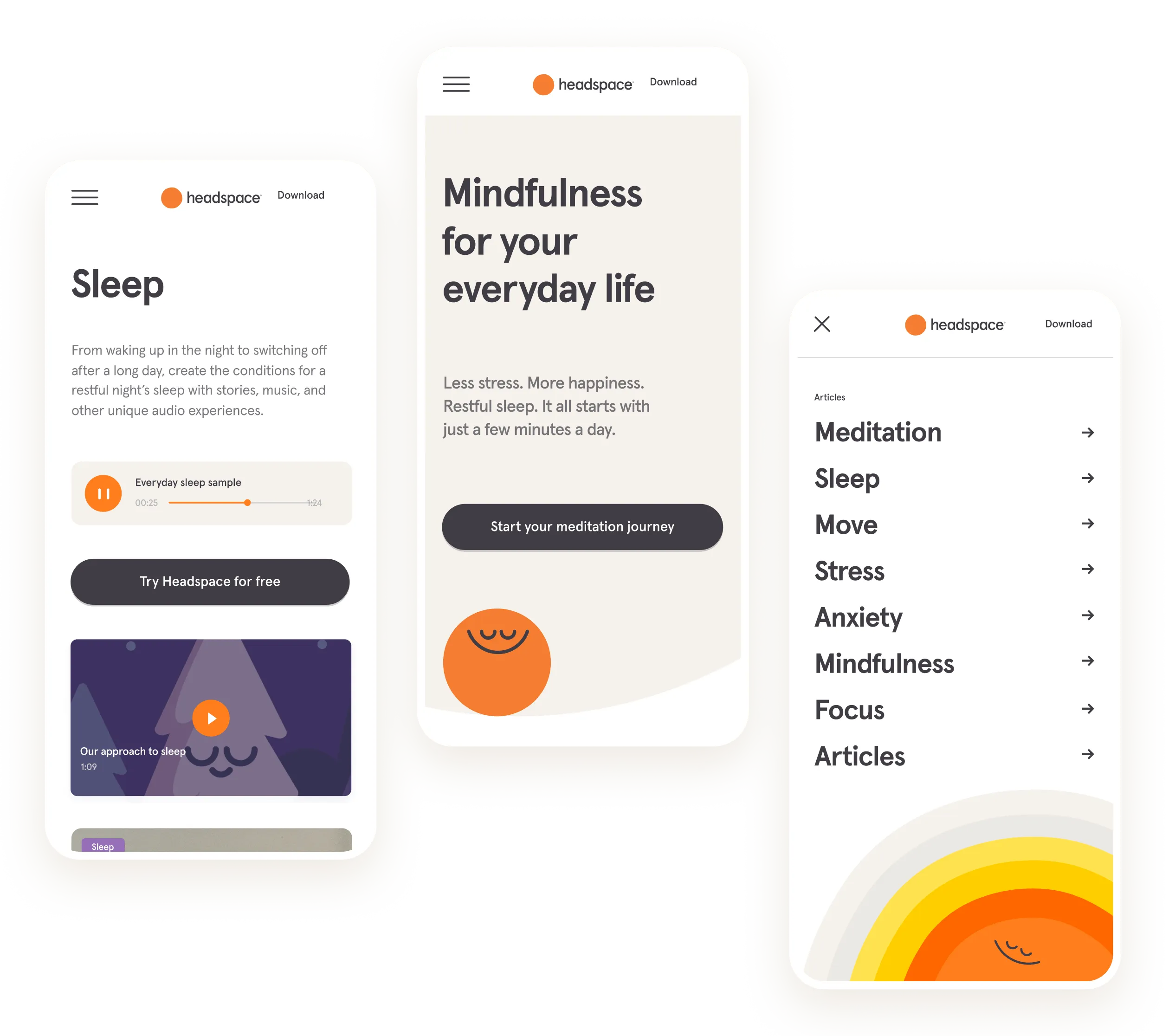 Image showing three screens of the Headspace app.