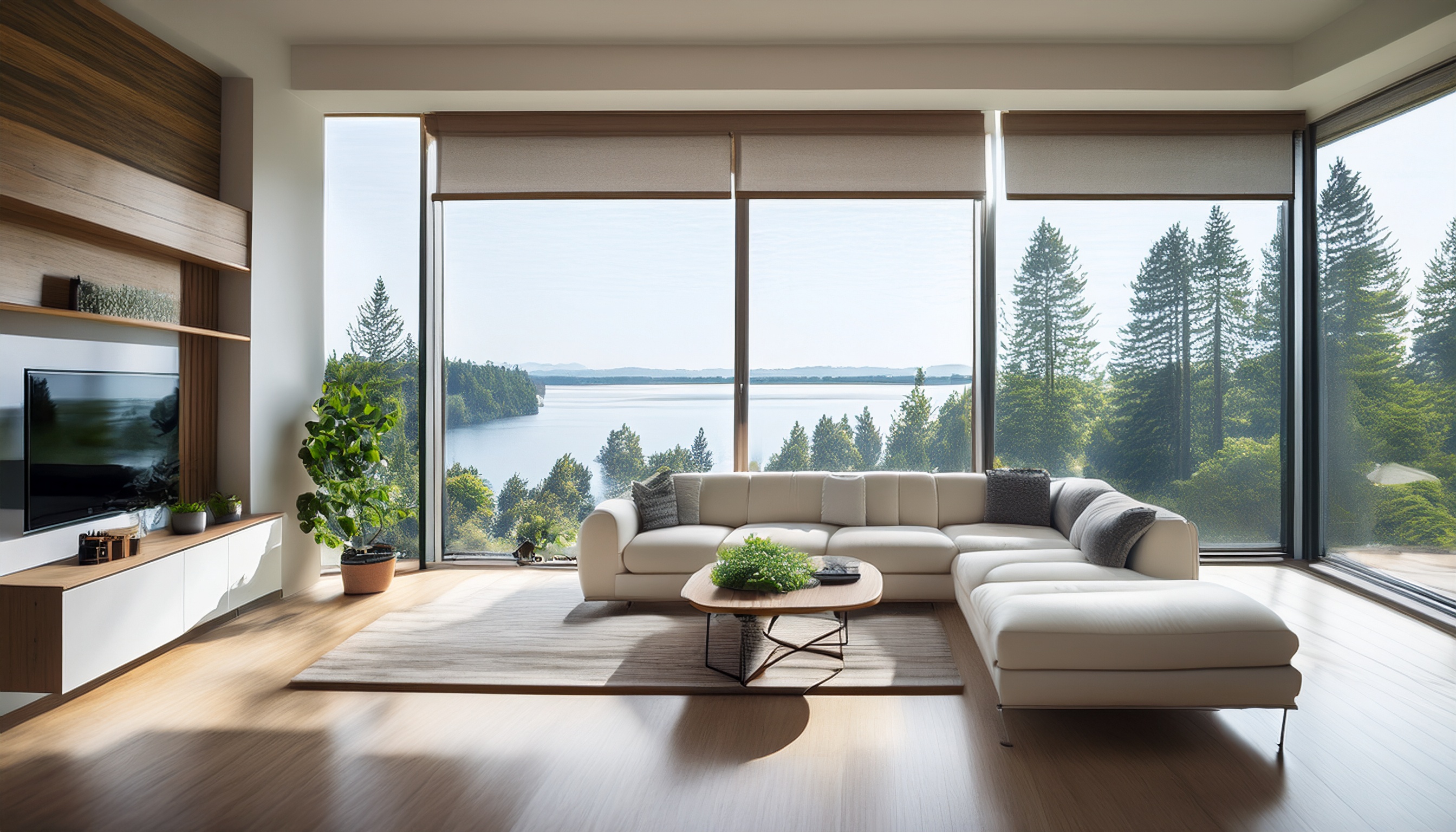 Modern Seattle living room with motorized roller shades lowered halfway on floor to ceiling windows