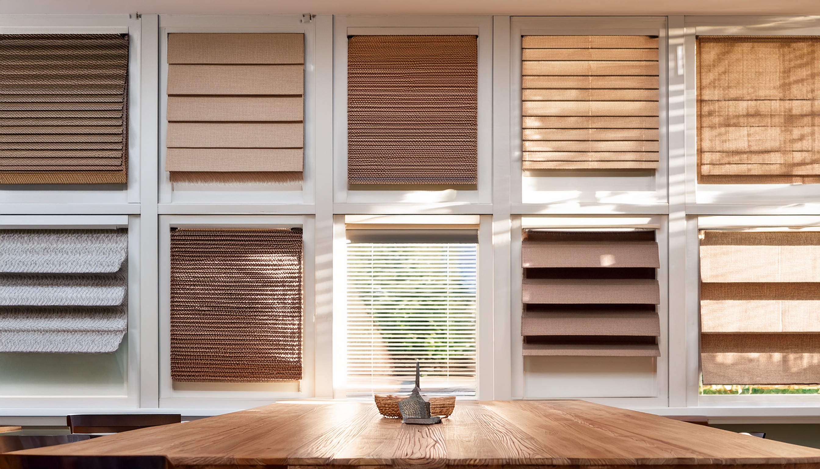 Blind store showroom display wall with wood blinds, cellular and roller shade samples