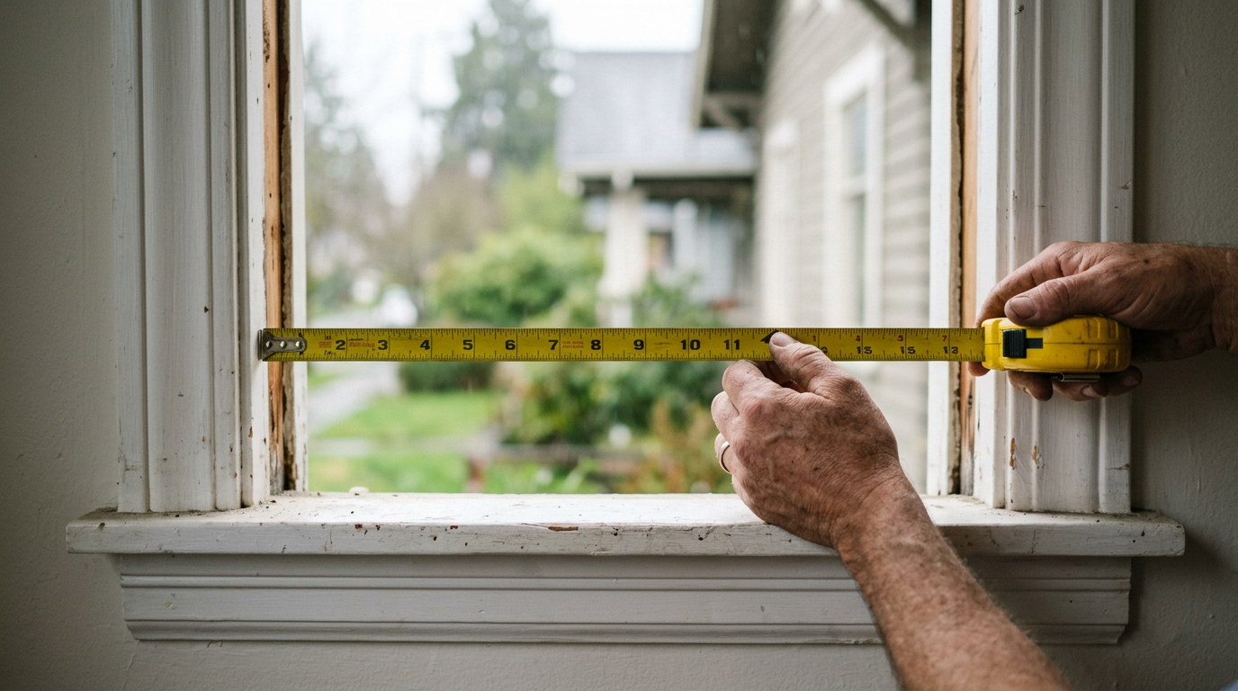 Steel tape measure held across the inside width of a bare window opening to measure for blinds