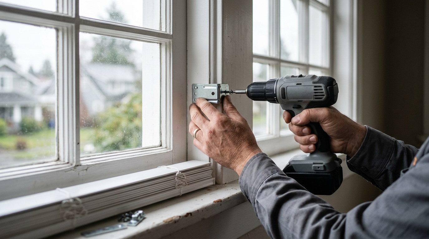 Installer fitting a mounting bracket into a window frame during a blind installation in a Seattle home