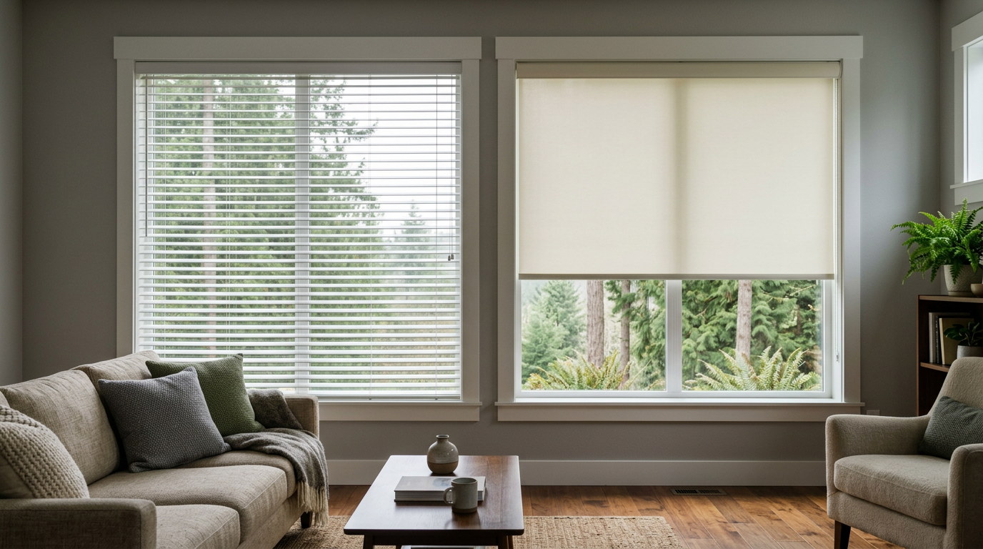 Side by side comparison of faux wood blinds and a roller shade on two adjacent windows in a Seattle living room