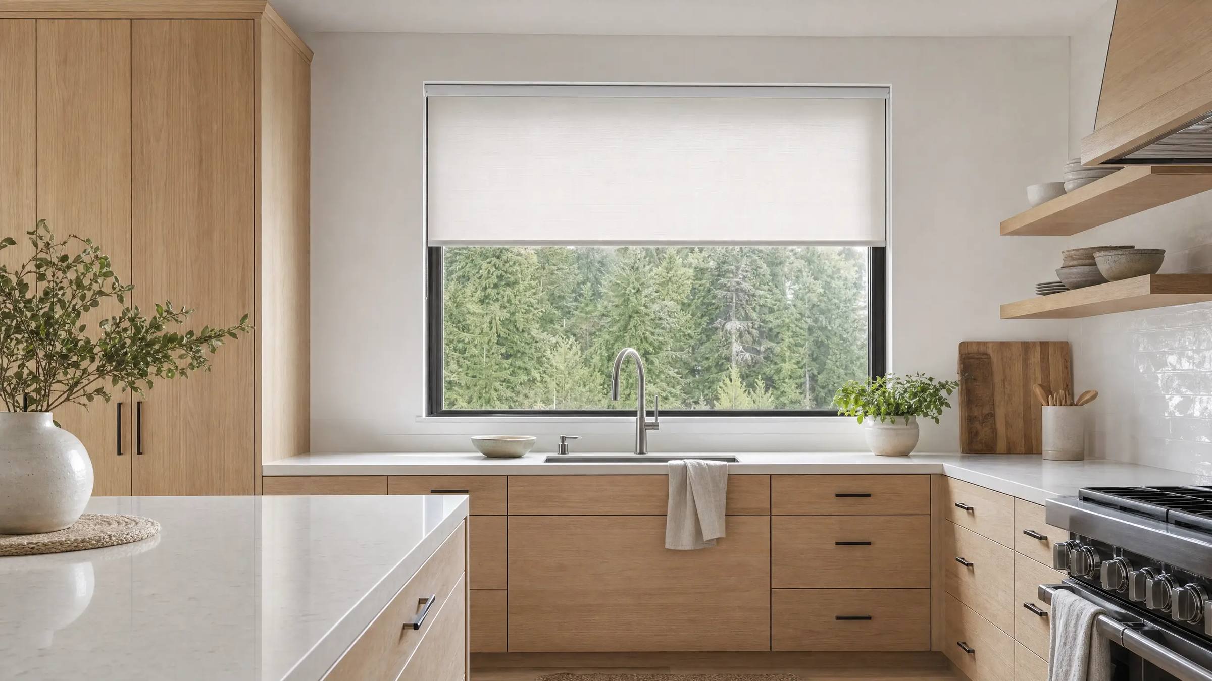 Light wood kitchen with a white roller shade on the window over the sink
