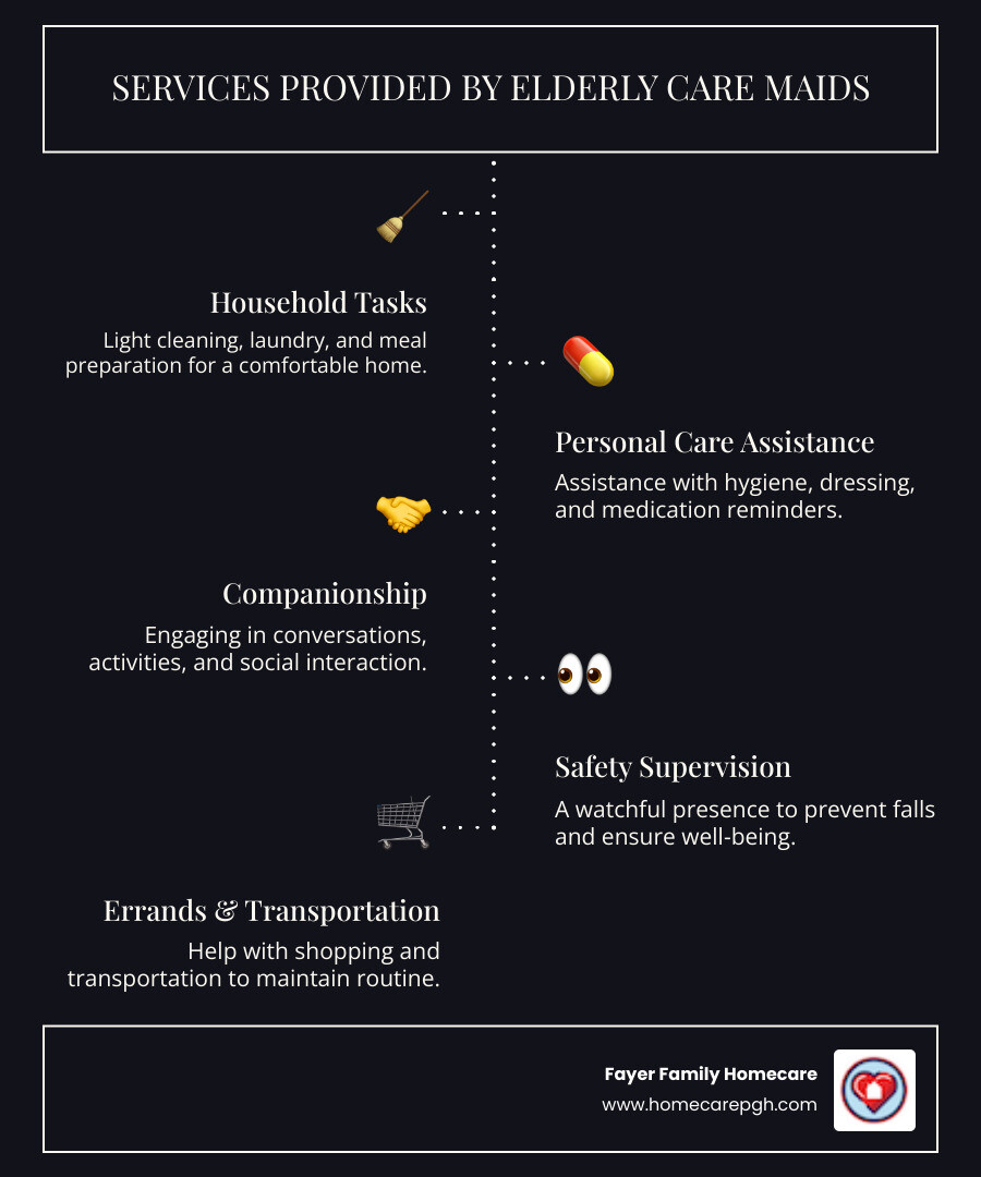 Infographic detailing the comprehensive support offered by a maid for elderly care, including household tasks like light cleaning and meal prep, personal care such as hygiene assistance and medication reminders, companionship, safety supervision, and help with errands and appointments. - maid for elderly care infographic infographic-line-5-steps-dark