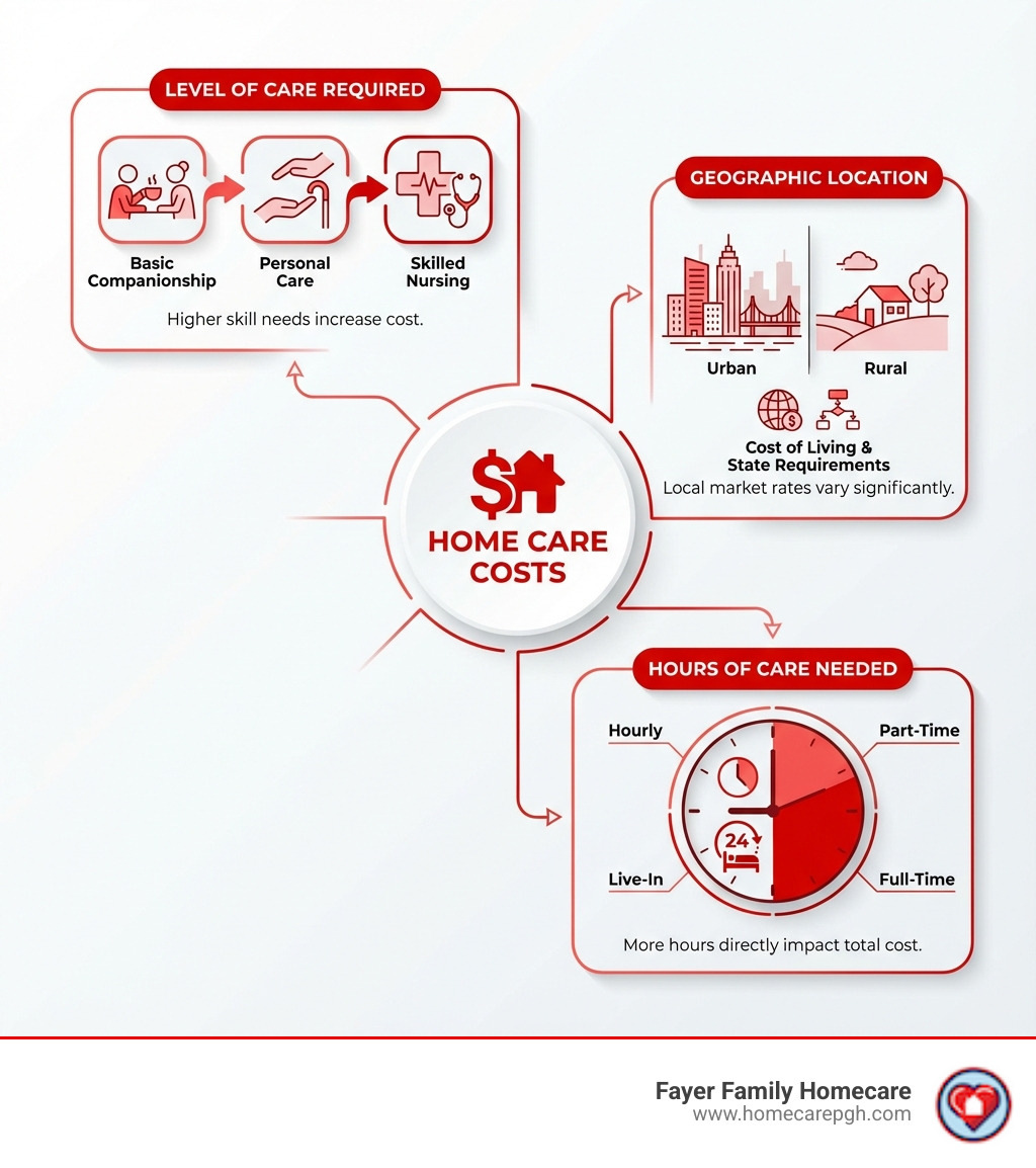 infographic showing three main factors affecting home care costs: Level of Care Required (Basic Companionship, Personal Care, Skilled Nursing), Geographic Location (Urban vs Rural, Cost of Living, State Requirements), and Hours of Care Needed (Hourly, Part-Time, Full-Time, Live-In) - average home care cost infographic infographic showing three main factors affecting home care costs: Level of Care Required (Basic Companionship, Personal Care, Skilled Nursing), Geographic Location (Urban vs Rural, Cost of Living, State Requirements), and Hours of Care Needed (Hourly, Part-Time, Full-Time, Live-In) - average home care cost infographic