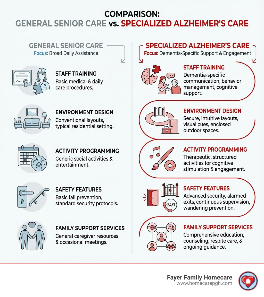 Infographic comparing general senior care versus specialized Alzheimer's care, showing differences in staff training, environment design, activity programming, safety features, and family support services - Specialized Alzheimer's care infographic 