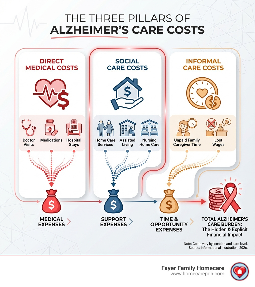Infographic showing the three main components of Alzheimer's care costs: Direct Medical Costs including doctor visits medications and hospital stays, Social Care Costs including home care services assisted living and nursing home care, and Informal Care Costs representing unpaid family caregiver time and lost wages - alzheimer's care costs infographic Infographic showing the three main components of Alzheimer's care costs: Direct Medical Costs including doctor visits medications and hospital stays, Social Care Costs including home care services assisted living and nursing home care, and Informal Care Costs representing unpaid family caregiver time and lost wages - alzheimer's care costs infographic