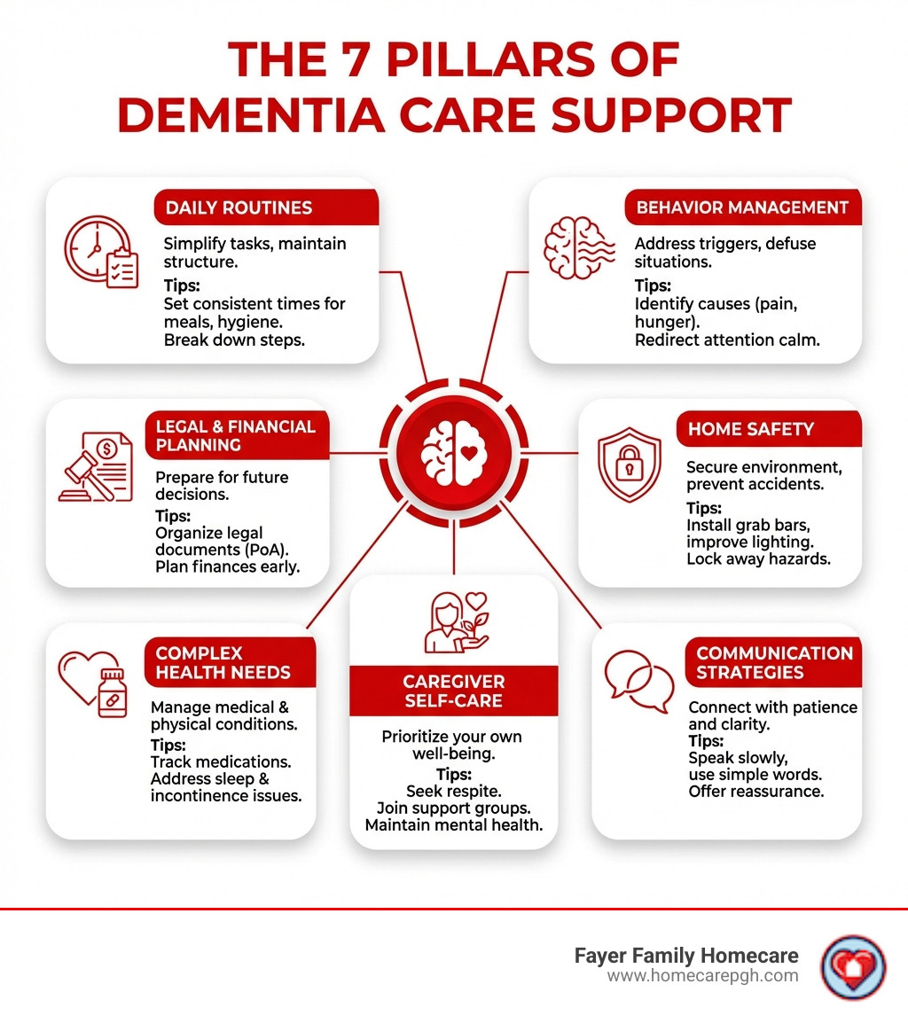 Infographic showing the 7 pillars of dementia care support: daily routines, behavior management, home safety, communication strategies, complex health needs, legal and financial planning, and caregiver self-care — with brief descriptions and key tips under each pillar - care for alzheimer's and dementia infographic 
