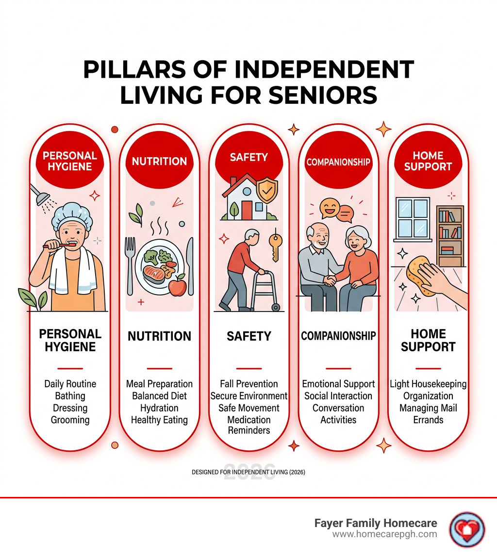 Pillars of independent living for seniors: personal hygiene, nutrition, safety, companionship, and home support