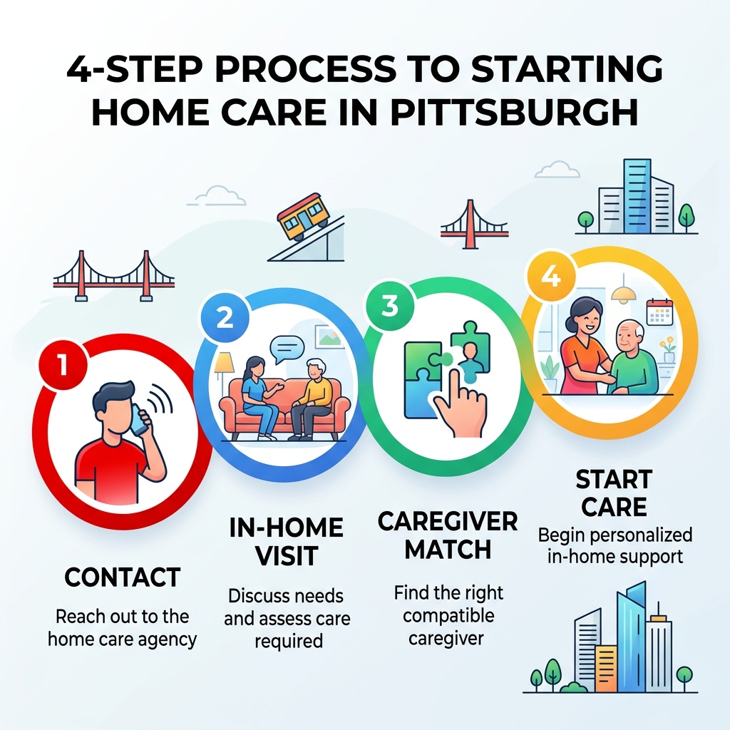 4-step process to starting home care in Pittsburgh: contact, in-home visit, caregiver match, start care - home health care