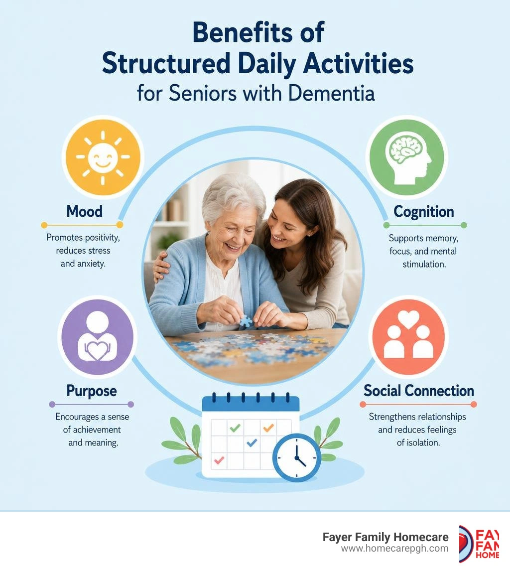 Benefits of structured daily activities for seniors with dementia: mood, cognition, purpose, and social connection Benefits of structured daily activities for seniors with dementia: mood, cognition, purpose, and social connection