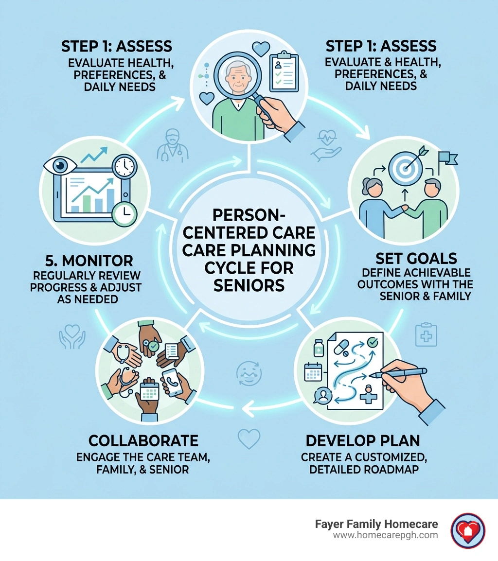 5-step personalized care planning cycle for seniors: assess, set goals, develop plan, collaborate, monitor - customized care