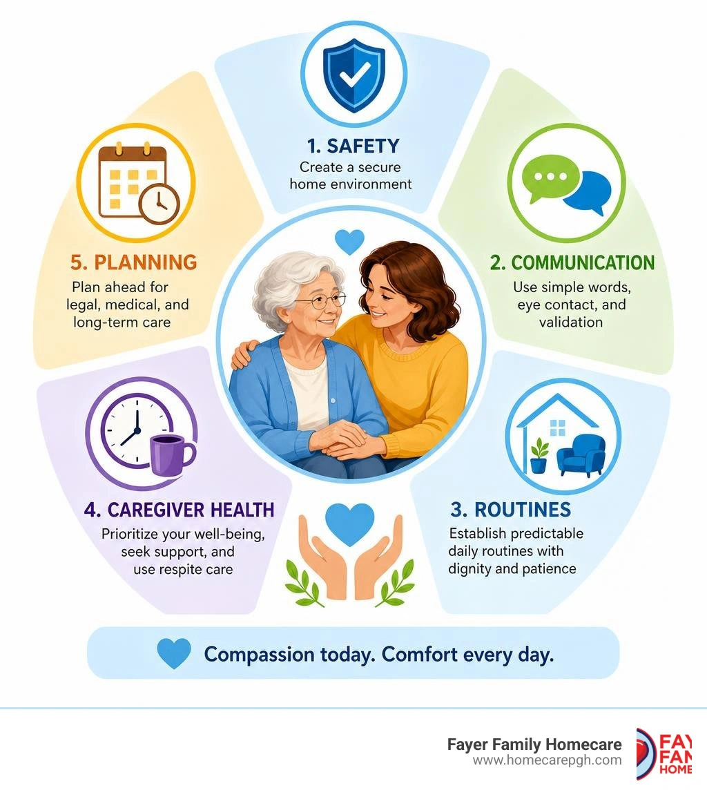 Key areas of dementia caregiving: safety, communication, routines, planning, and caregiver health infographic Key areas of dementia caregiving: safety, communication, routines, planning, and caregiver health infographic