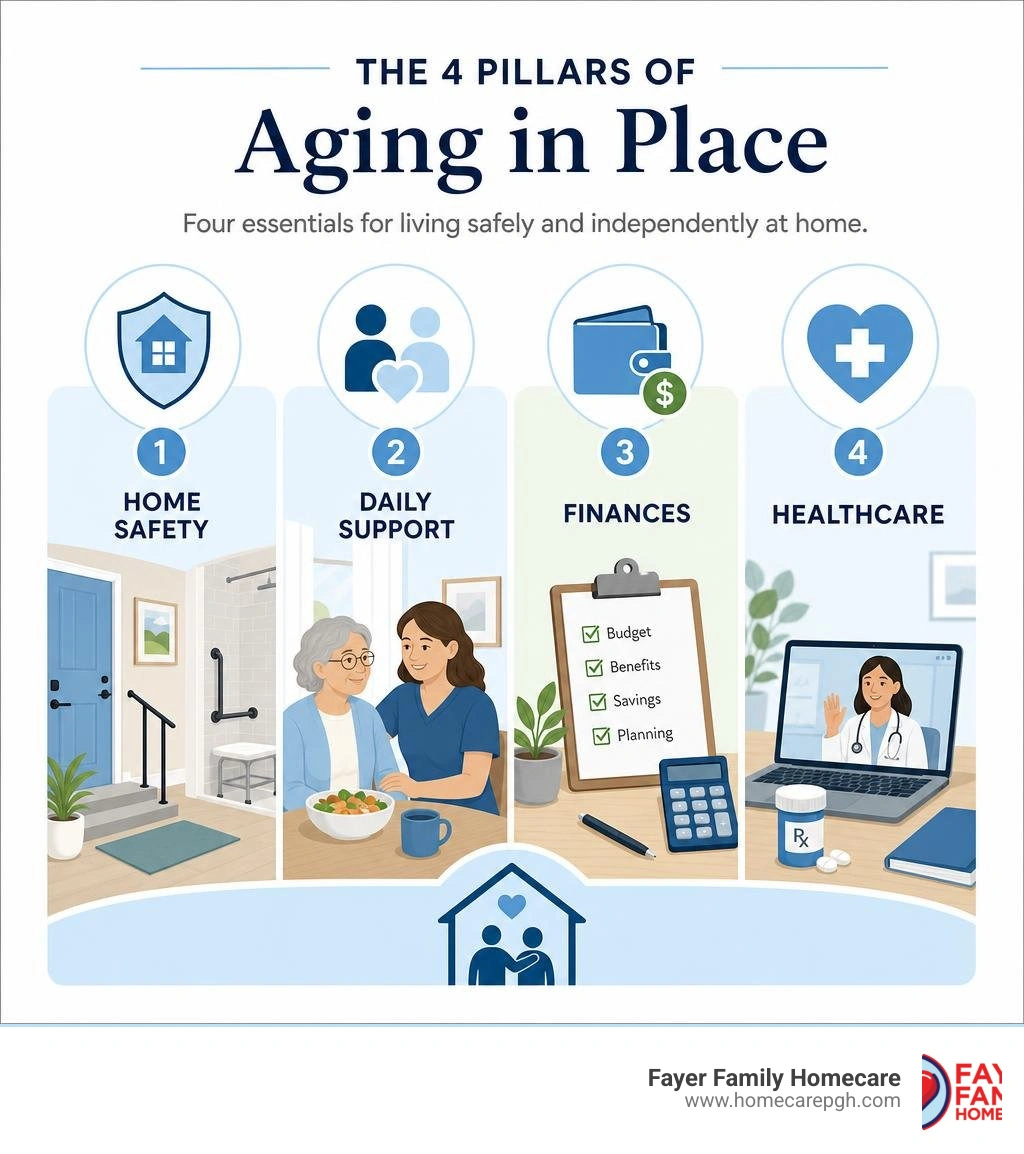 The 4 pillars of aging in place: home safety, daily support, finances, and healthcare infographic The 4 pillars of aging in place: home safety, daily support, finances, and healthcare infographic