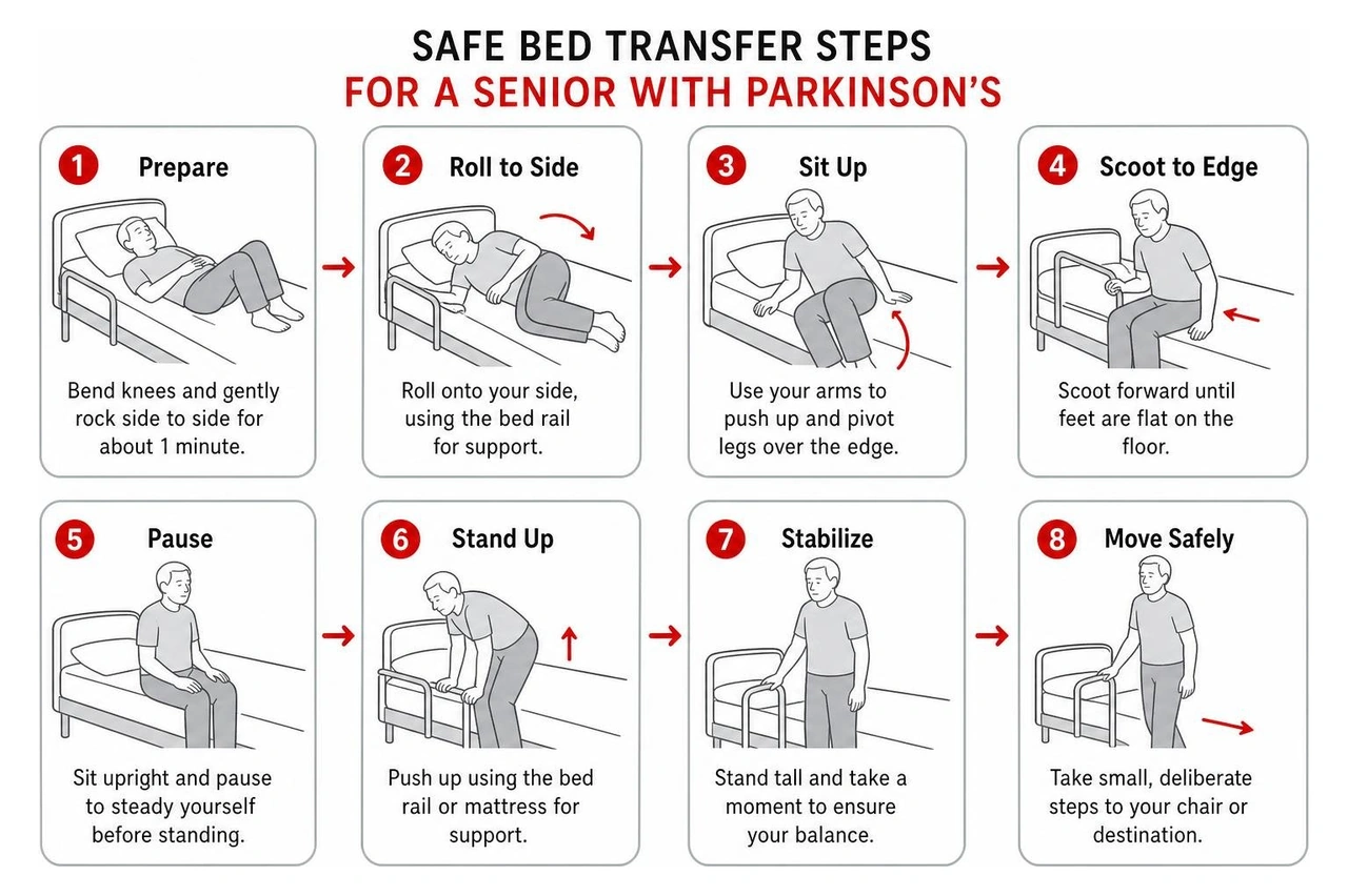 diagram of safe bed transfer steps for a senior with Parkinson's diagram of safe bed transfer steps for a senior with Parkinson's