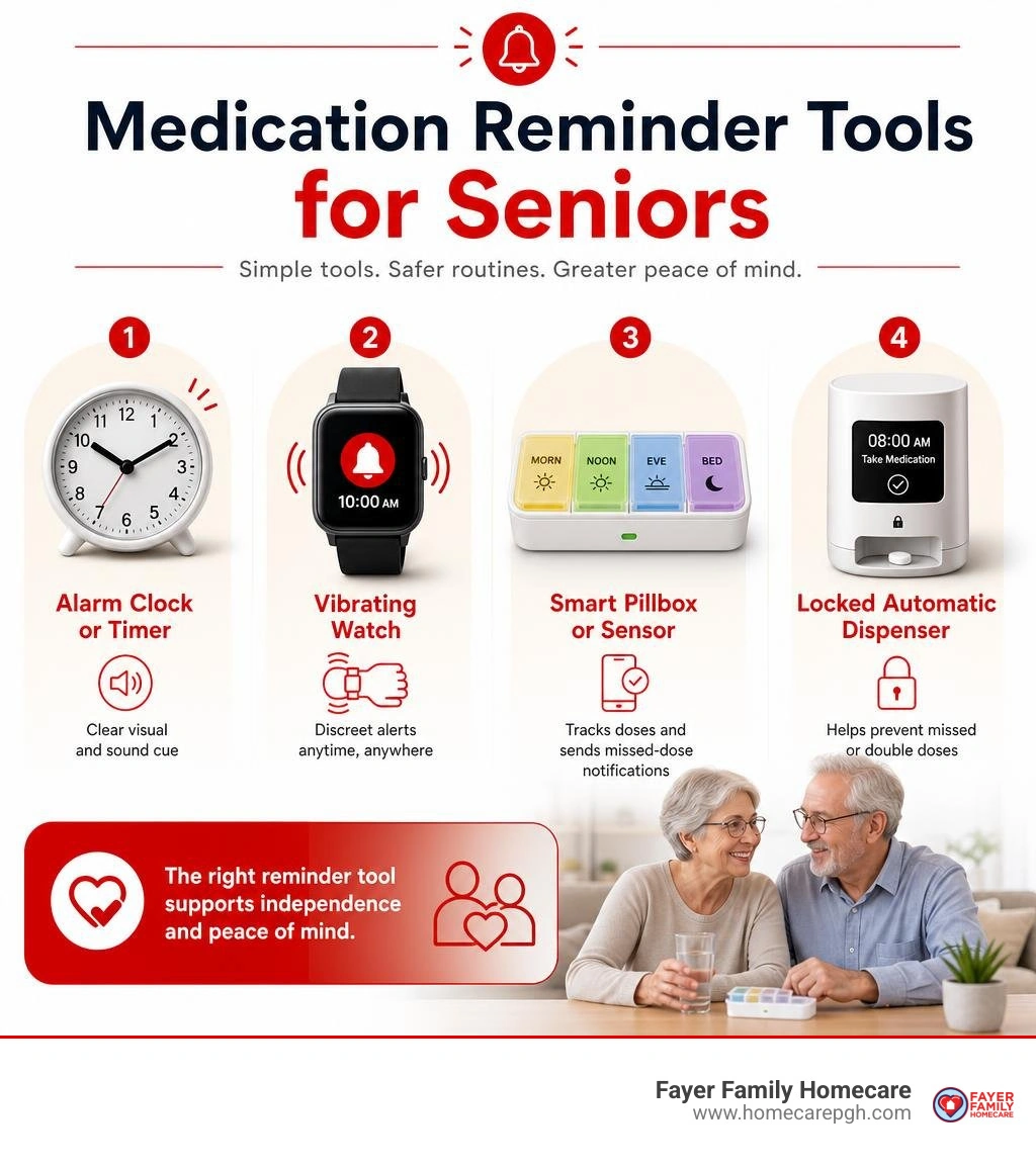Medication reminder tools for seniors: clocks, watches, pillboxes, smart dispensers infographic Medication reminder tools for seniors: clocks, watches, pillboxes, smart dispensers infographic