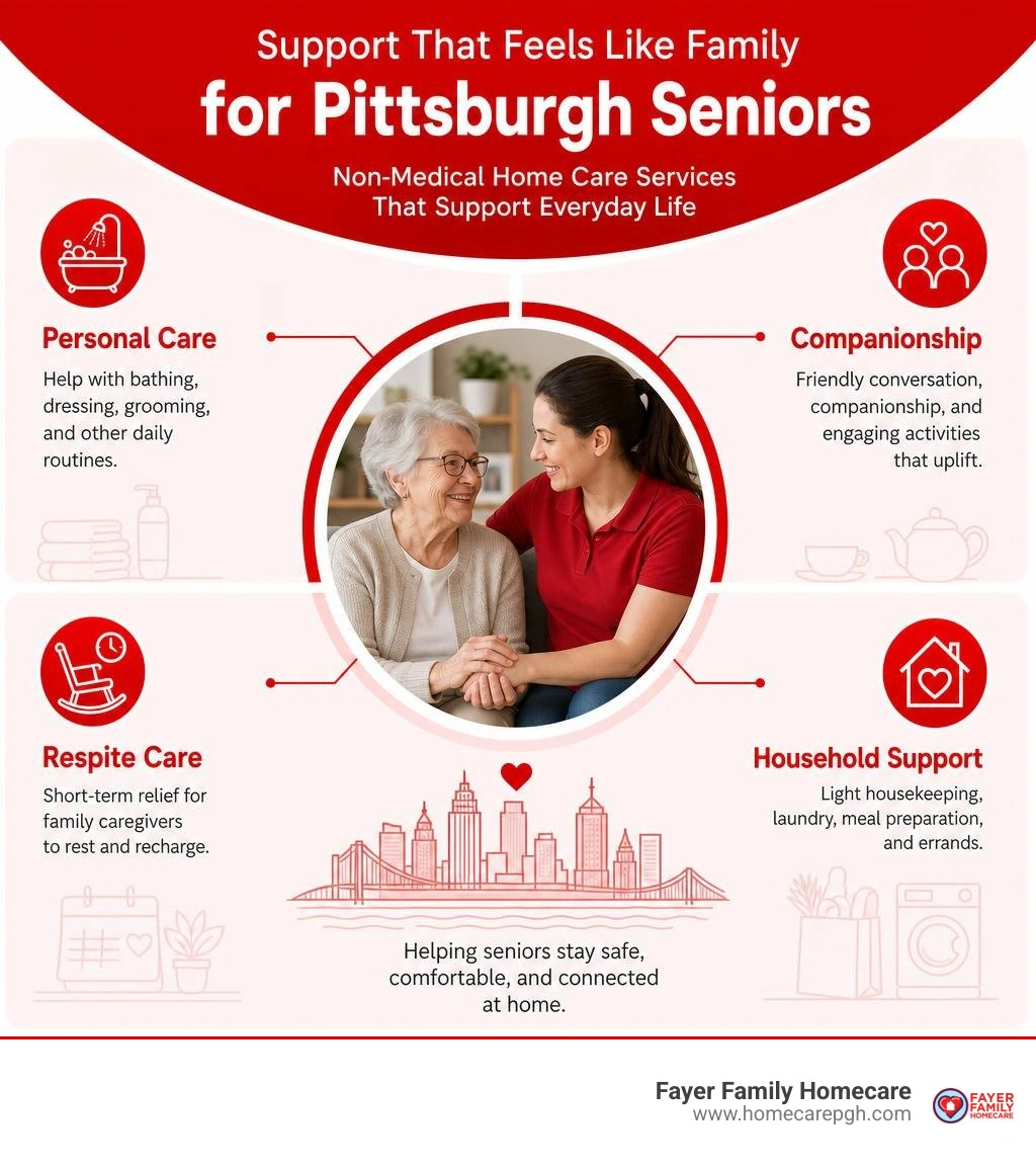 Infographic showing personal care companionship respite and household support for Pittsburgh seniors infographic