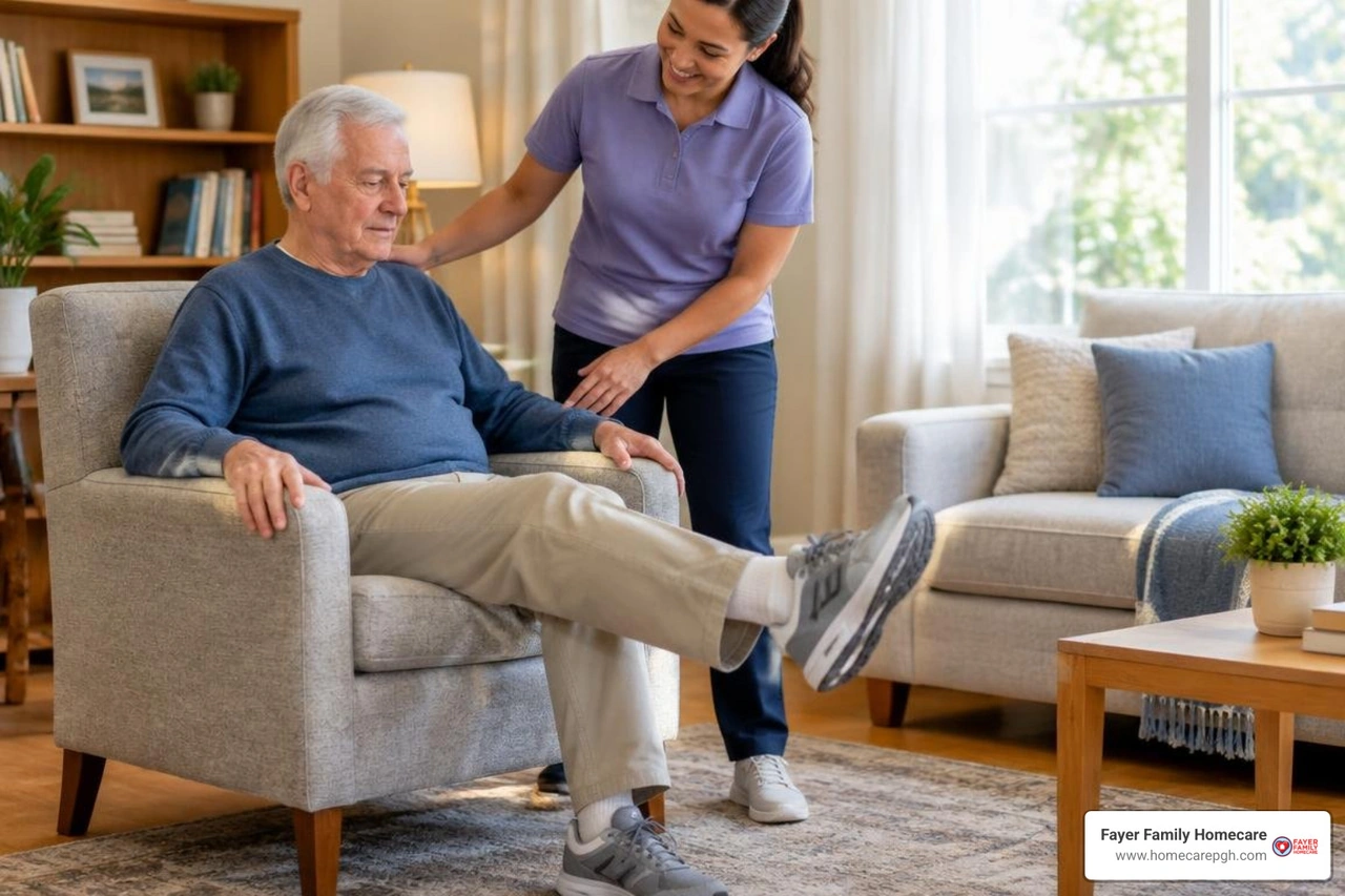 Older adult engaged in guided mobility exercises at home Older adult engaged in guided mobility exercises at home