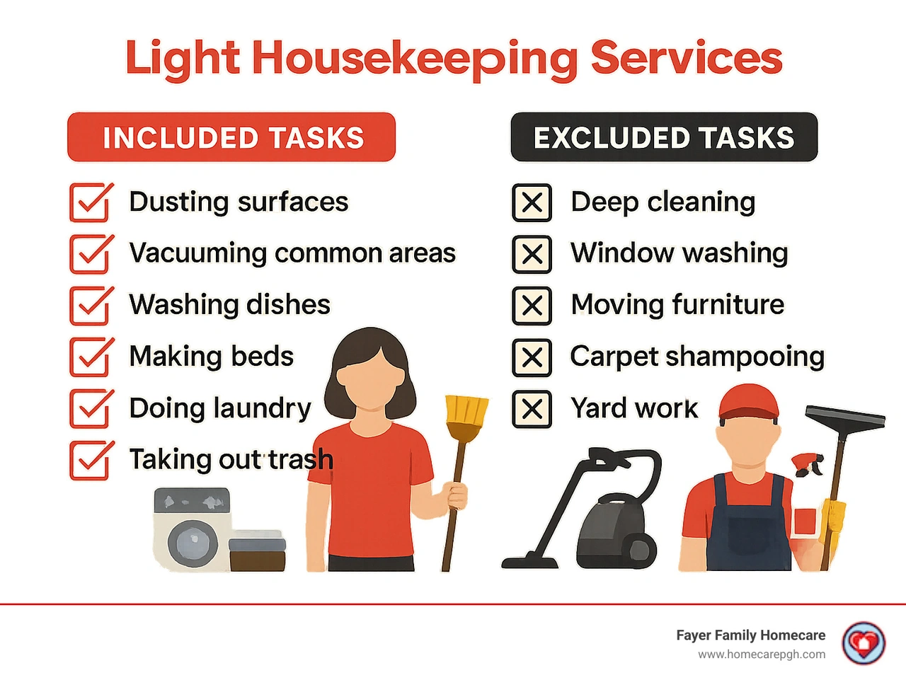 Detailed infographic showing the scope of light housekeeping services including a checklist of included tasks (dusting surfaces, vacuuming common areas, washing dishes, making beds, doing laundry, taking out trash) versus excluded tasks (deep cleaning, window washing, moving furniture, carpet shampooing, yard work) with icons representing a caregiver's daily maintenance approach versus a professional cleaning crew's intensive restoration work - Light housekeeping services infographic 