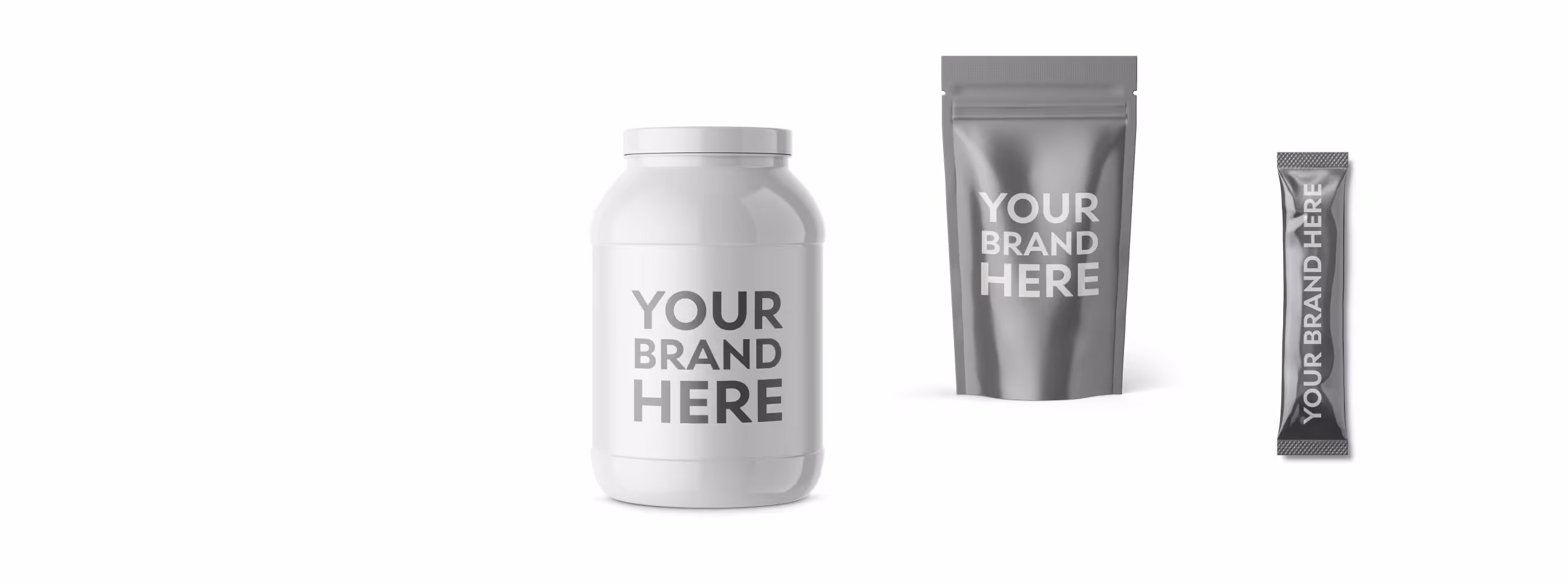 Customizable private label supplement packaging options featuring blank white bottle, resealable pouch, and single-serve stick pack design templates | Steuart Nutrition