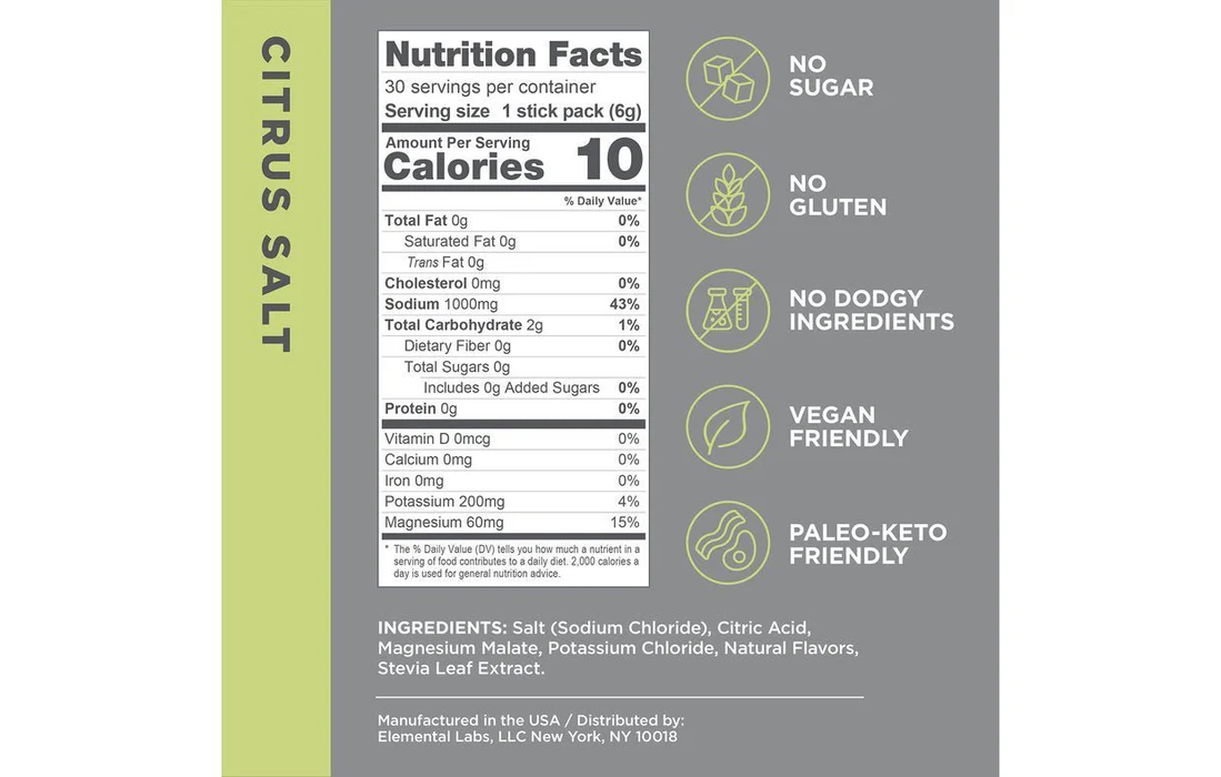 Example of LMNT Citrus Salt electrolyte drink mix nutrition facts and ingredient label showing compliant supplement packaging layout and design elements for die line discussion | Steuart Nutrition