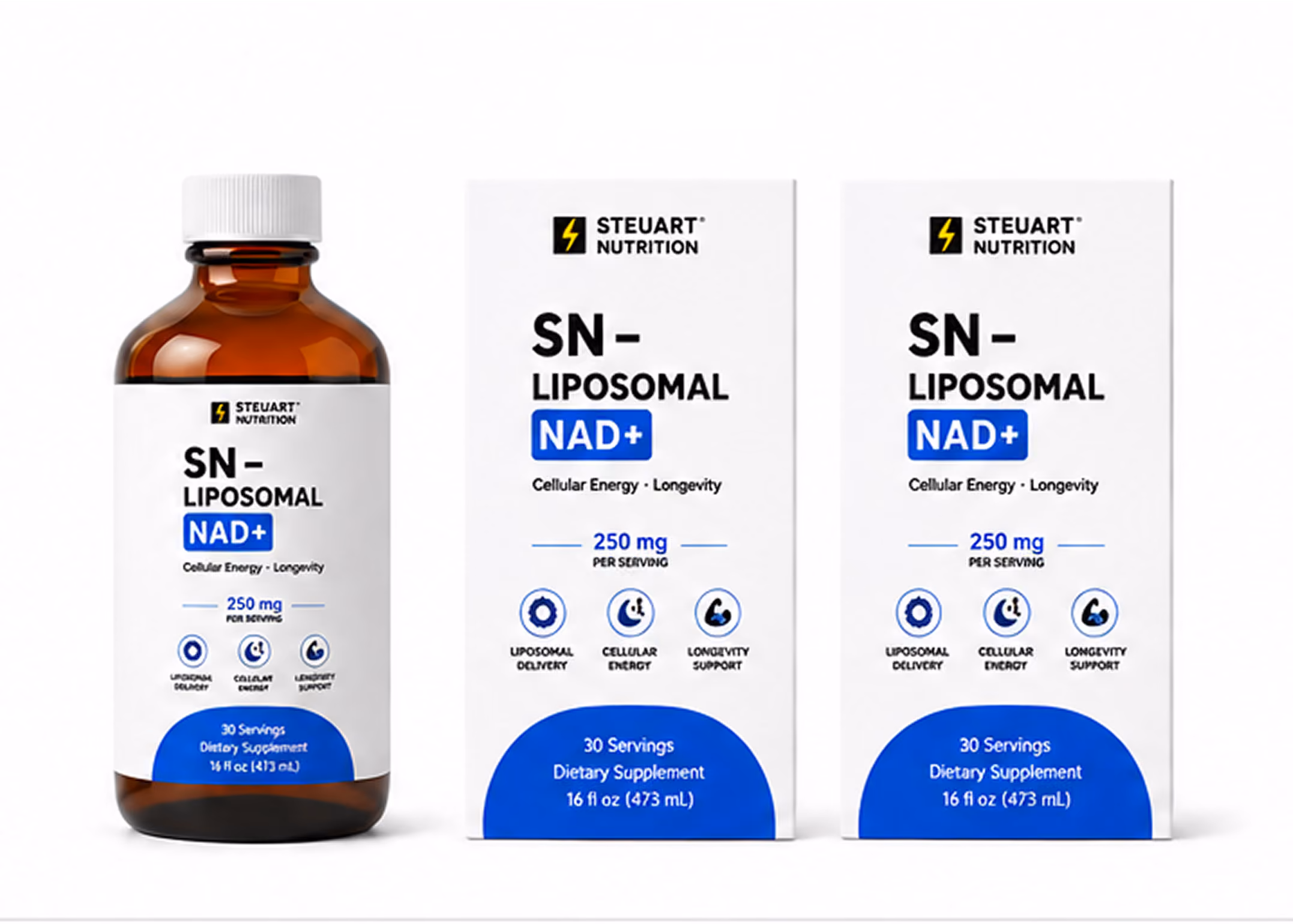 Liposomal NAD+ supplement bottle and packaging.