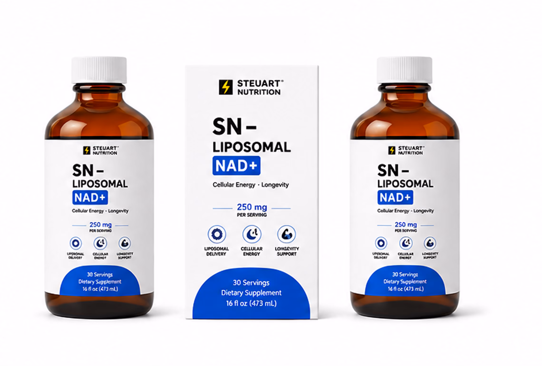 Stellart Nutrition SN-Liposomal NAD+ bottle and boxes.