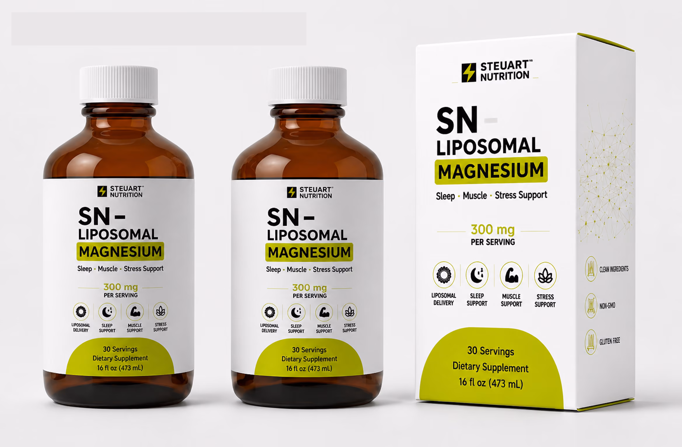 Liposomal magnesium supplement bottles and packaging.