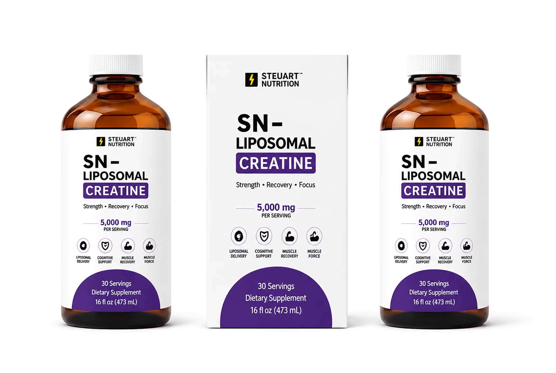 Liposomal creatine supplement bottles and packaging.