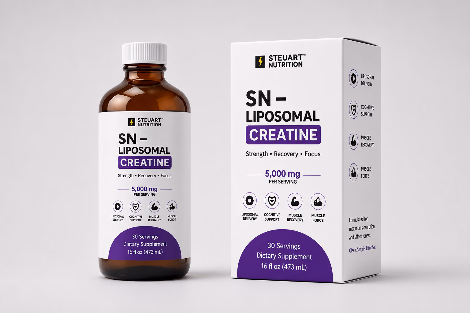 Liposomal creatine supplement bottle and box.