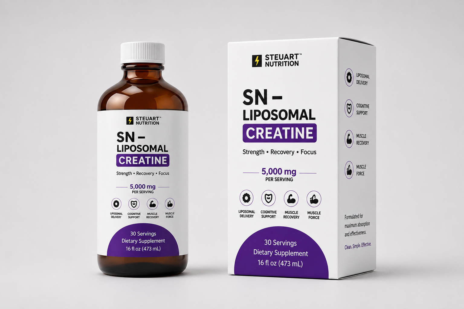 Liposomal creatine supplement bottle and box.
