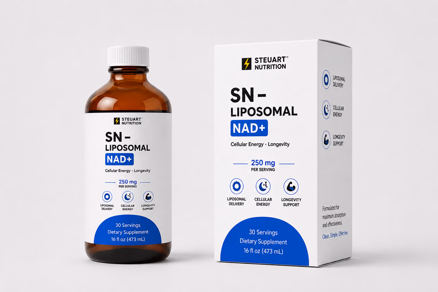 Stellart Nutrition SN-Liposomal NAD+ bottle and box.