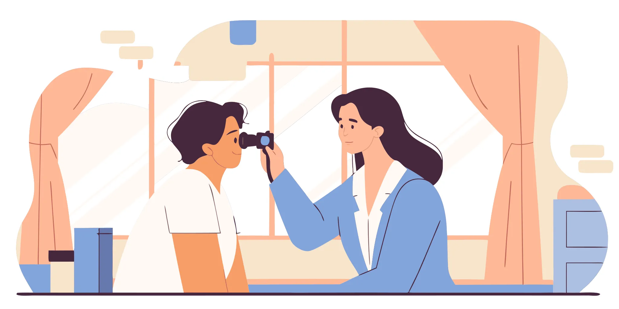 A specialist examines a man's eyes, discussing crows feet treatment options besides botox.