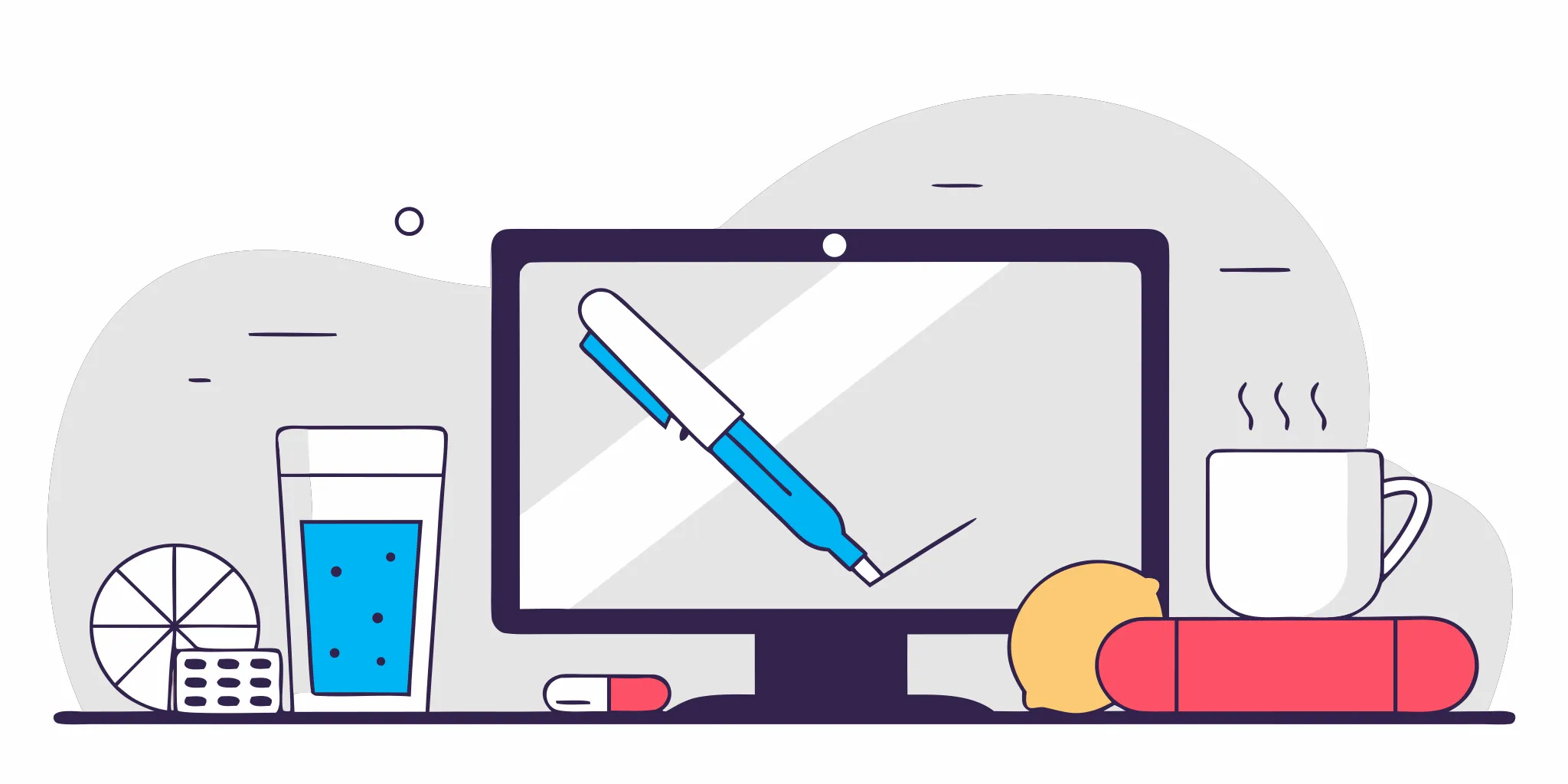 Mounjaro injection pen on a desk with items used to manage common side effects.