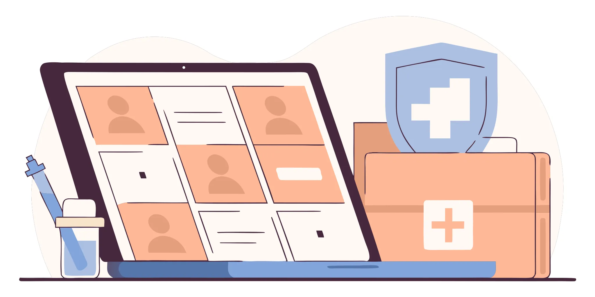 Laptop showing medical providers for buying semaglutide online, with a vial and safety shield.