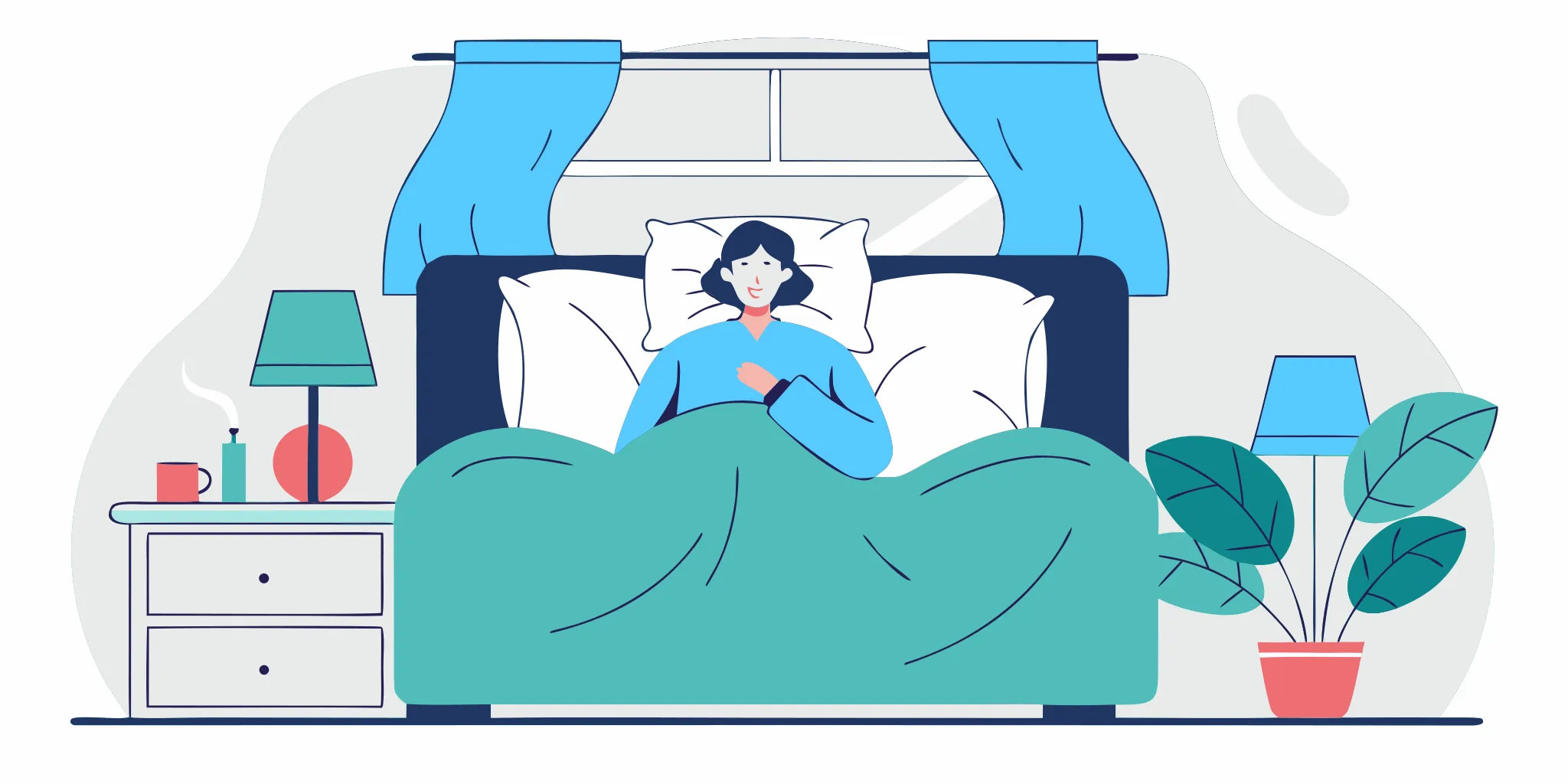 Patient resting comfortably with head and knees supported by pillows during mommy makeover recovery