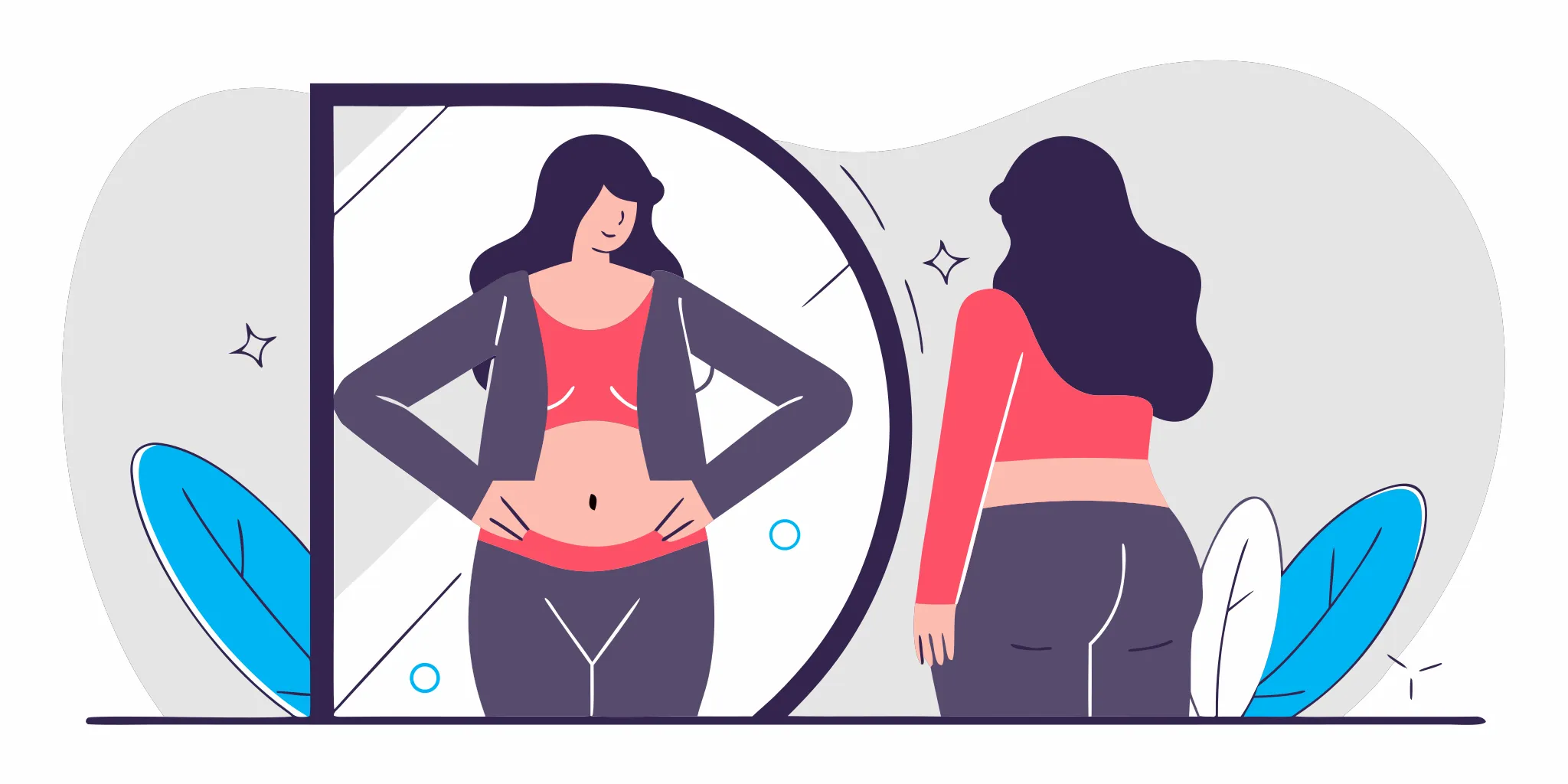 Flat vector illustration of a woman viewing her abdominal contour transformation after tummy tuck surgery