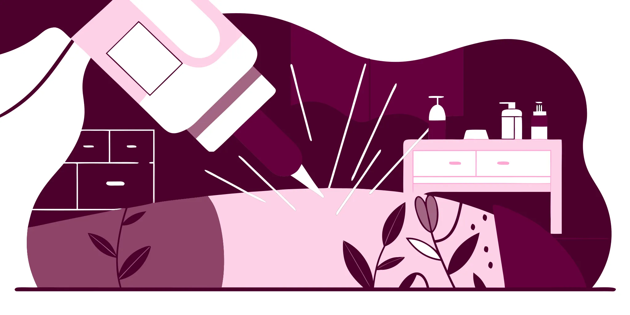Flat vector illustration of a medical laser device treating tattoo ink on skin in a bright medical spa setting