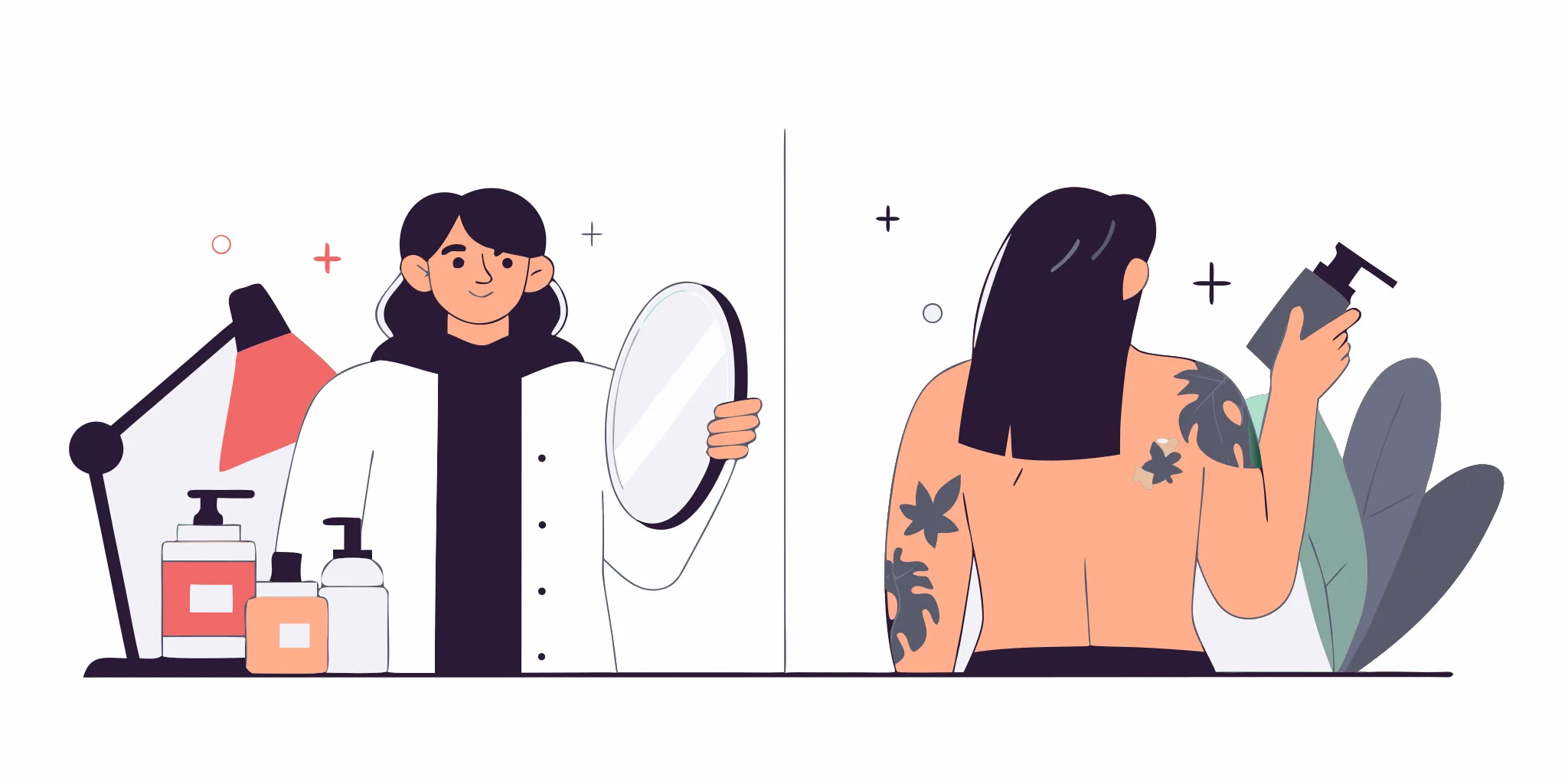 Flat vector illustration showing before and after fading stages of tattoo removal