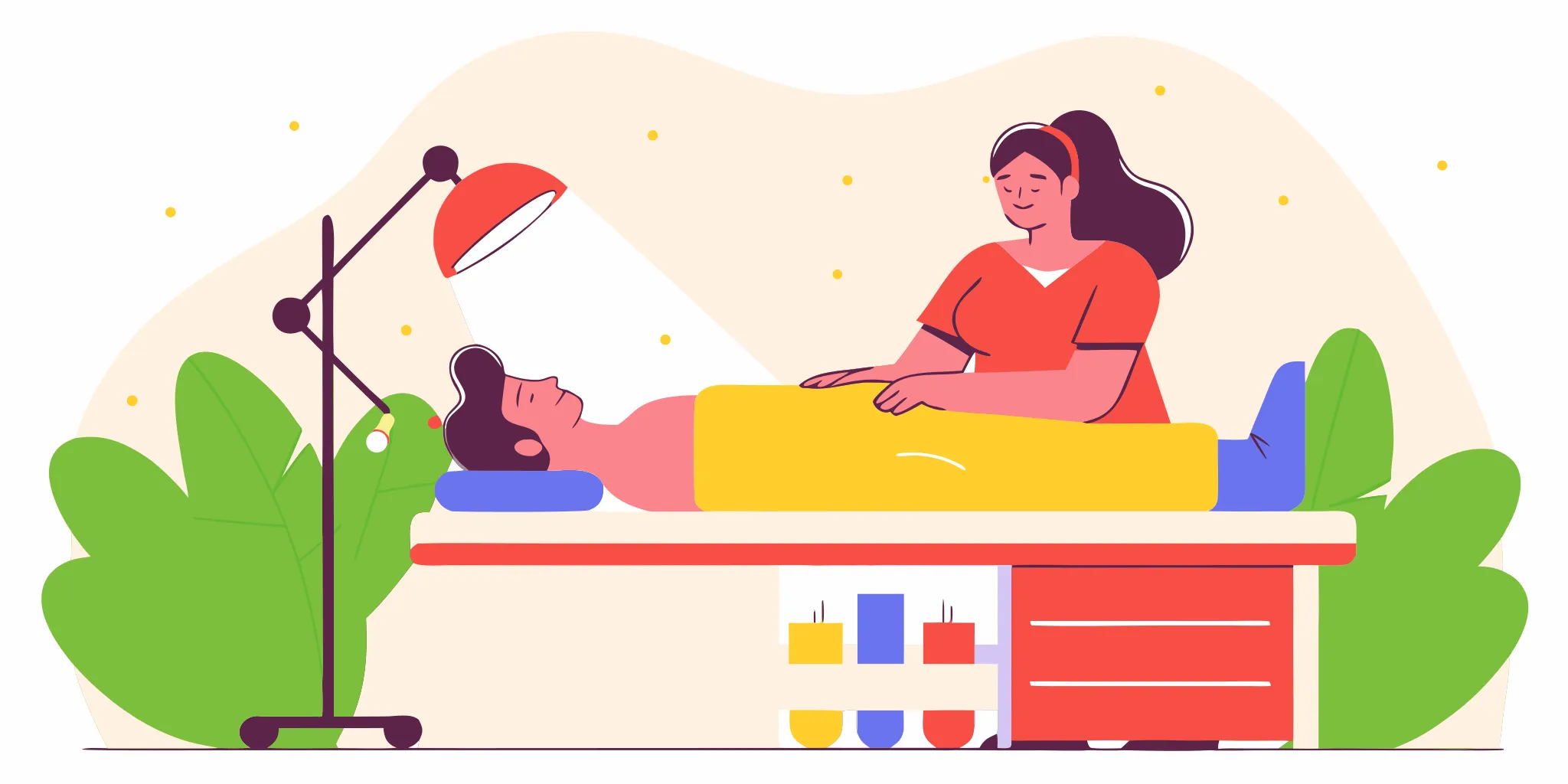 Flat vector illustration of a modern medical aesthetics treatment room with soft warm lighting and a woman receiving a gentle facial rejuvenation treatment