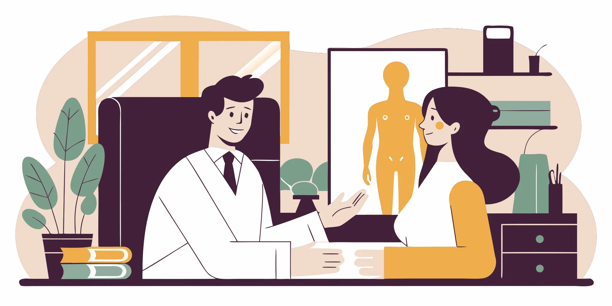 Flat vector illustration of a plastic surgeon consulting with a patient in a warm medical office, discussing breast augmentation options